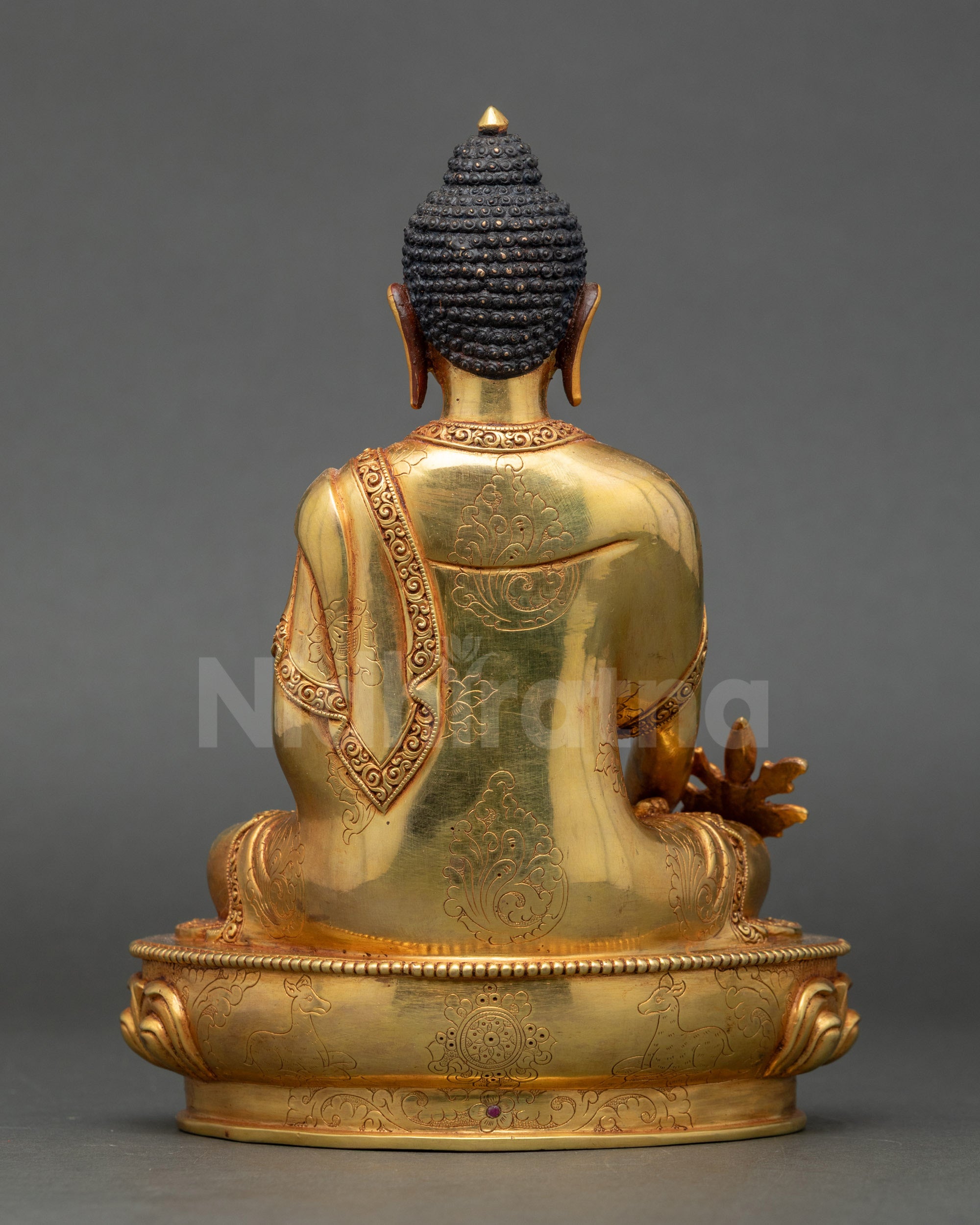 Back view Medicine Buddha gold-gilded copper handcrafted Newari sacred Buddhist sculpture