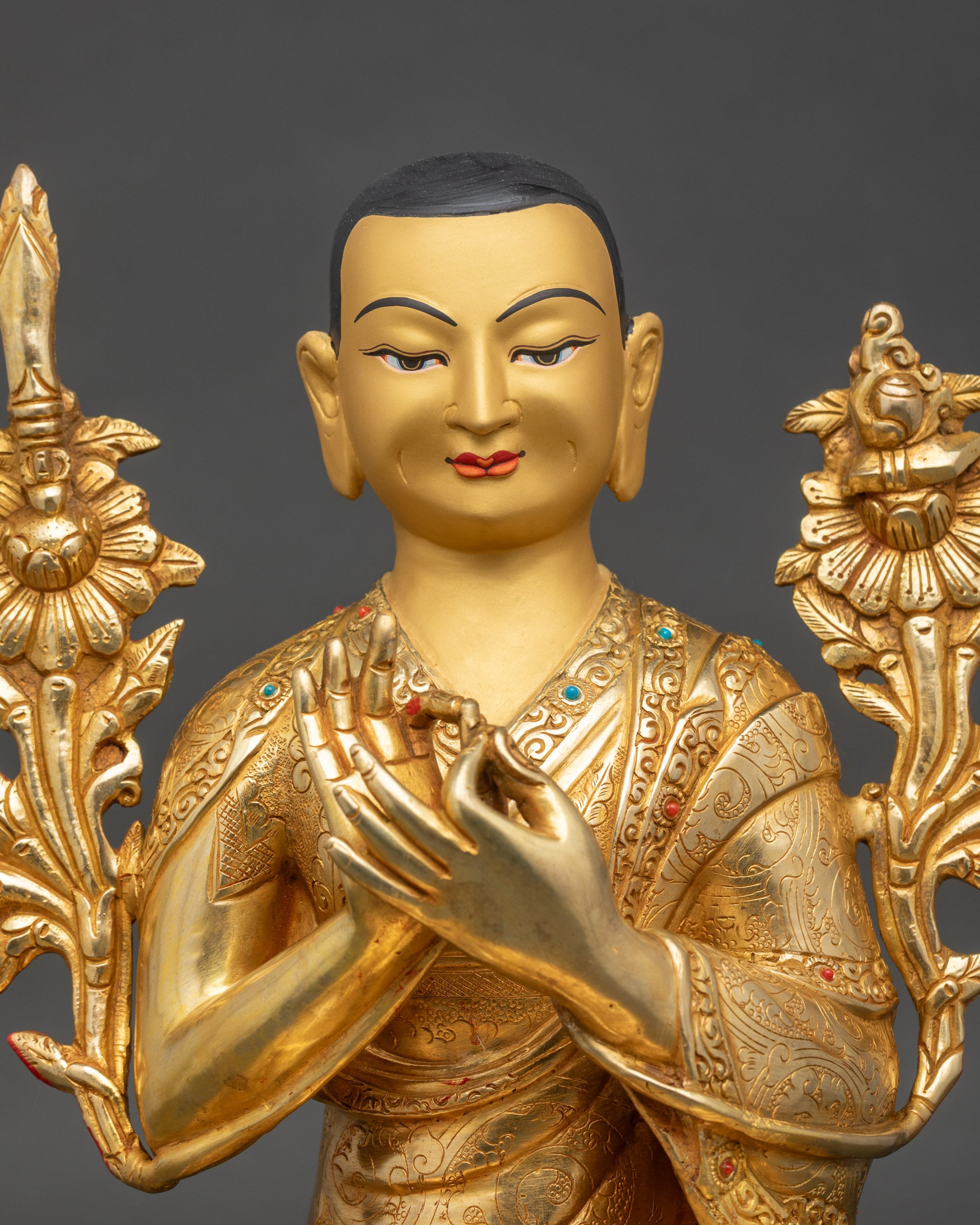 Tsongkhapa with Two Disciples | Handmade 24K Gold Nepalese Sculpture