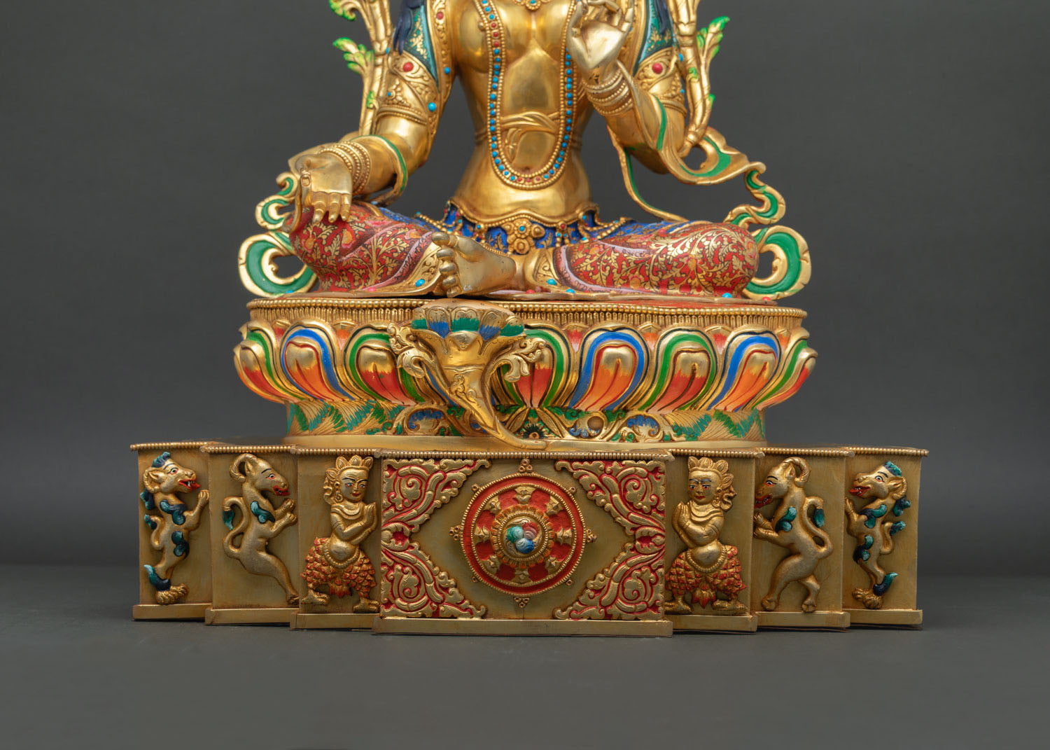 Enthroned Green Tara Statue | Multicolor Nepali Buddhist Artwork