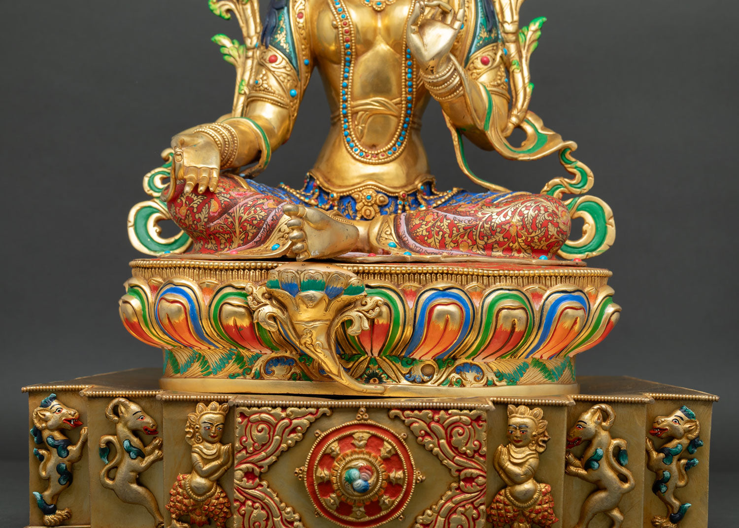 Enthroned Green Tara Statue | Multicolor Nepali Buddhist Artwork