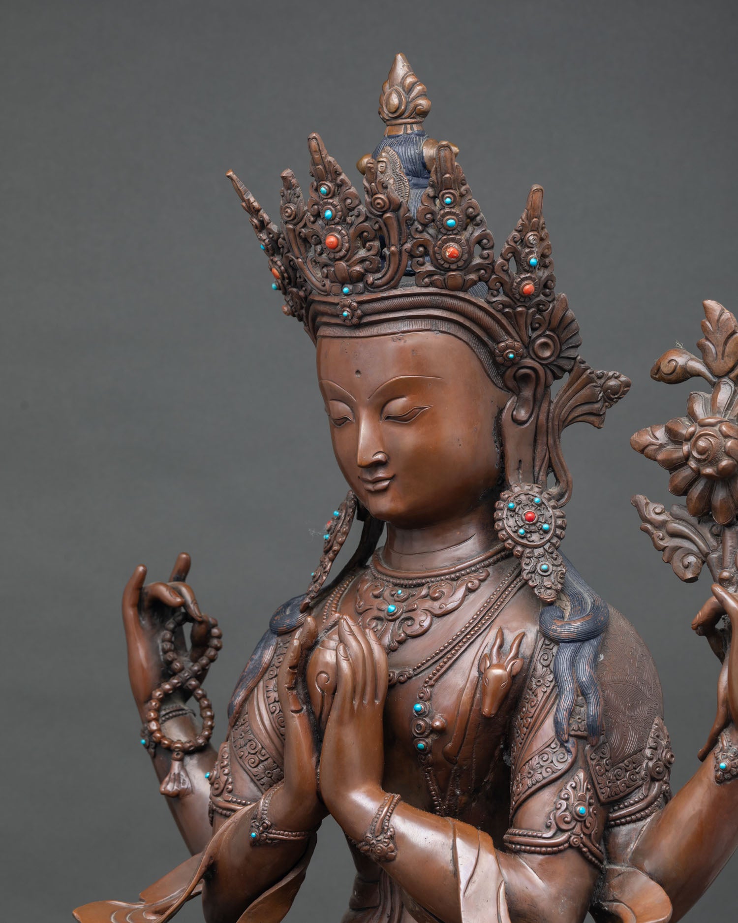 Four-Armed Chenrezig Statue | Oxidized Copper Sculpture