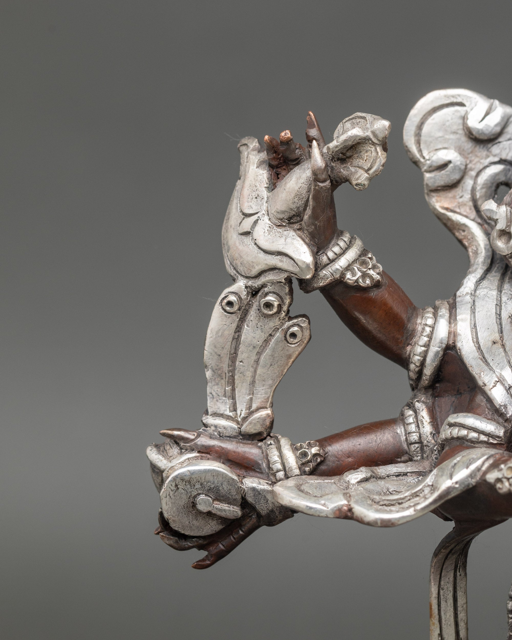 Handcrafted Oxidized White Mahakala Sculpture with Silver-Plated Finish