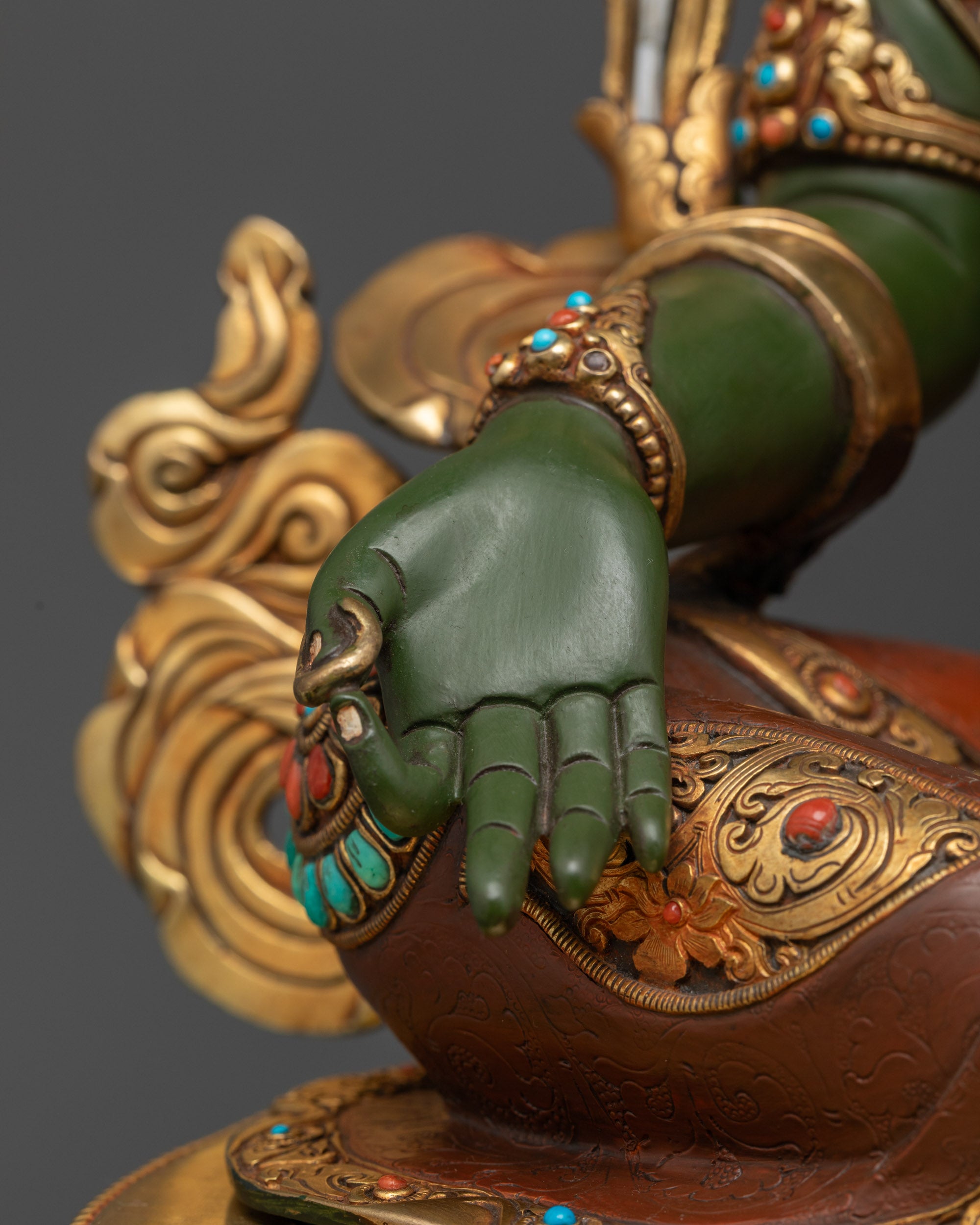 Hand-painted Serene Green Tara Statue | Tibetan Buddhist Sculpture