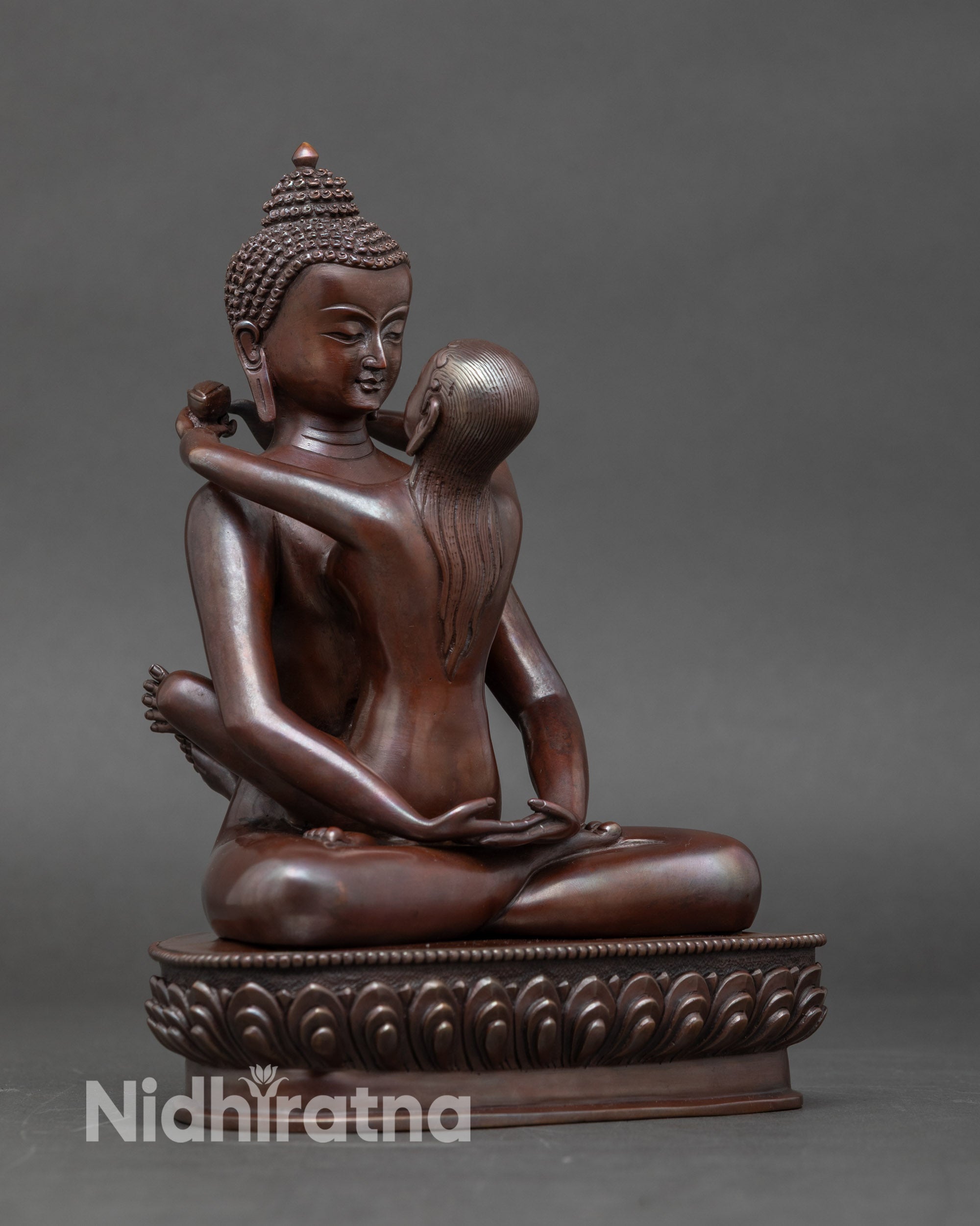 Side view Samantabhadra Yab Yum copper statue chemically oxidized Tibetan Buddhist deity