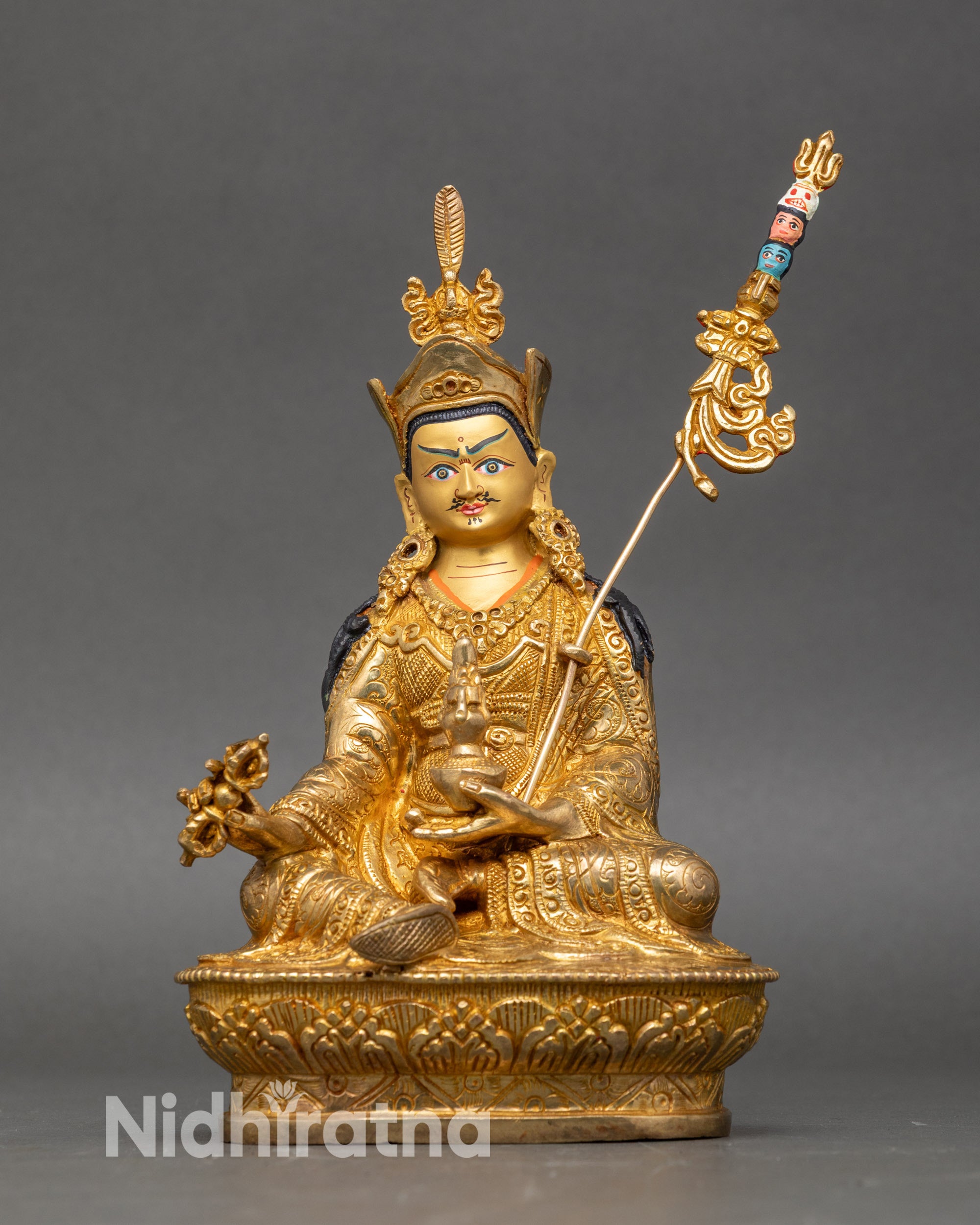 Front view Guru Rinpoche Statue – 24K gold copper with serene gold-painted face