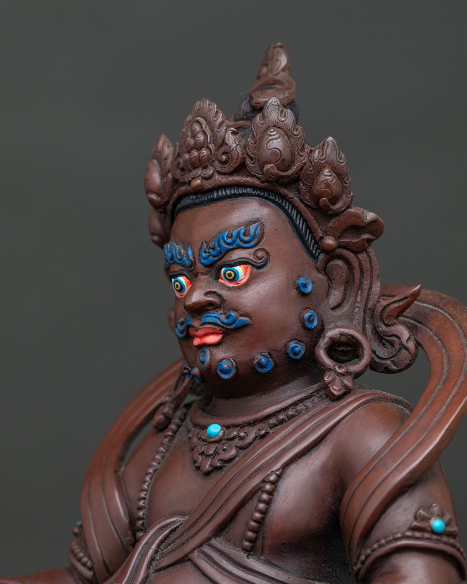 Dzambhala In Ornate Throne Statue | Brown Oxidized Copper Sculpture