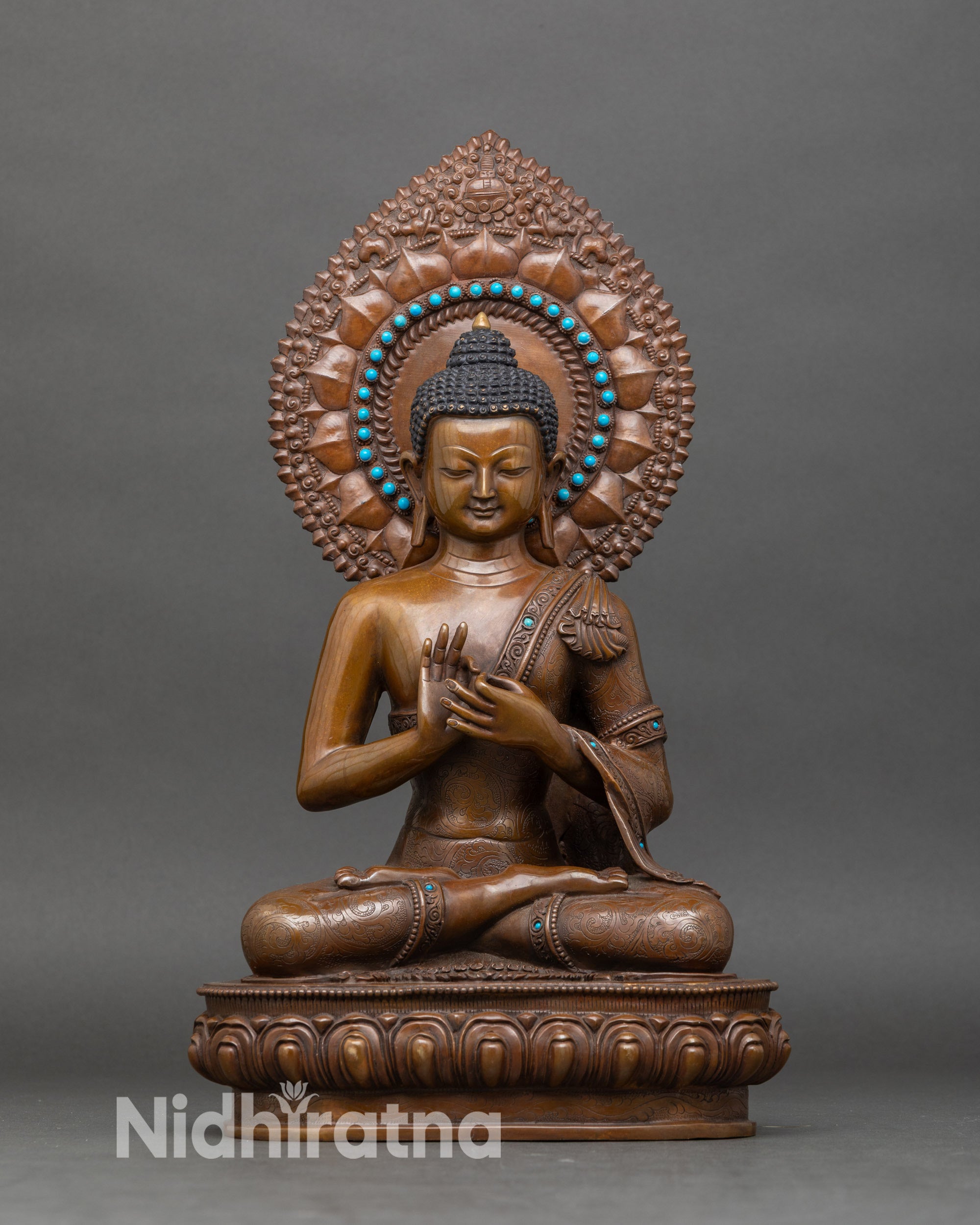Vairocana Buddha statue front view, handcrafted Nepalese copper with chemically oxidized finish