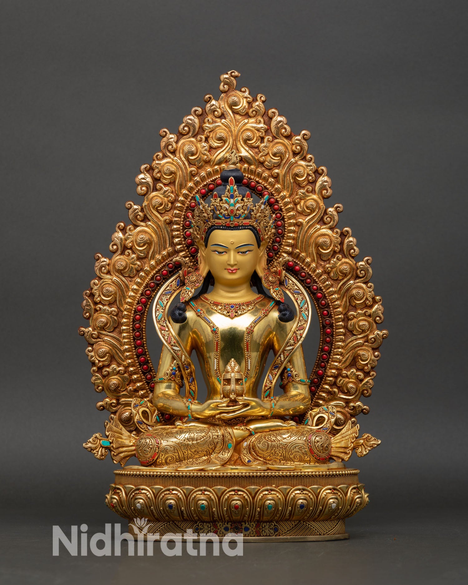Amitayus statue front view handmade copper gold painted face lotus pedestal Nepal Buddhist art longevity deity