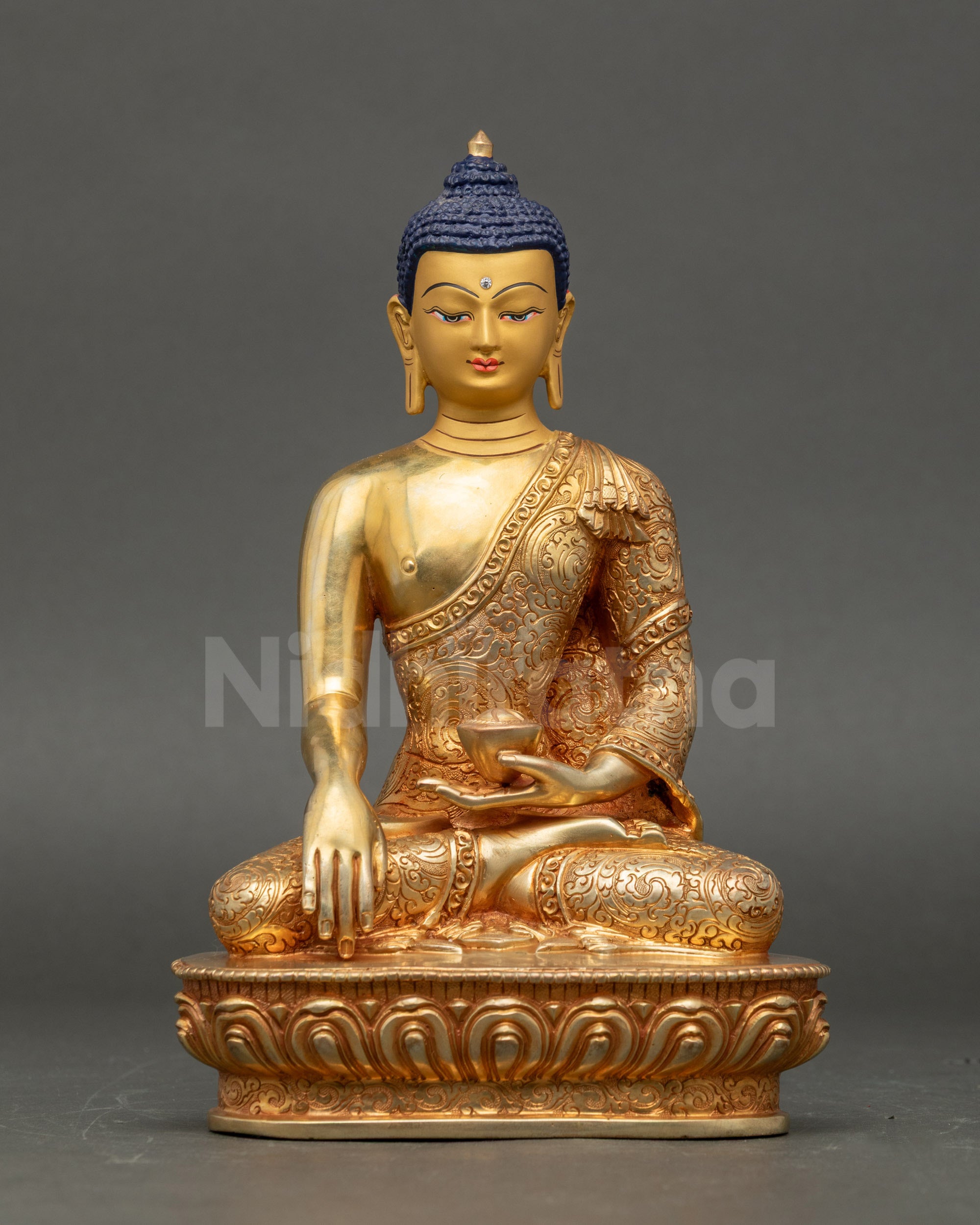 Front view 24K Gold Gautama Buddha sculpture handcrafted by Newari artisan Nepal