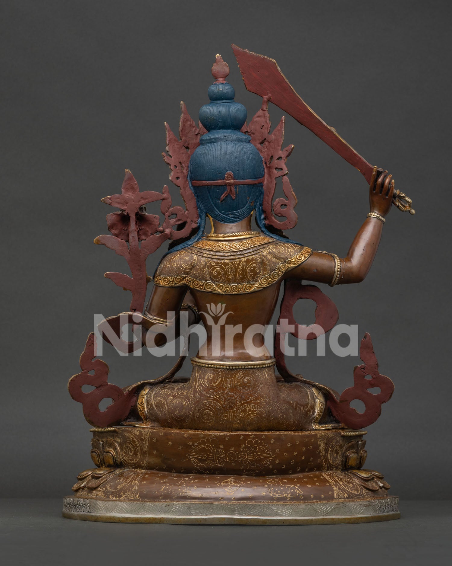 Handcrafted Manjushri Statue Back View with Intricate Rear Carvings