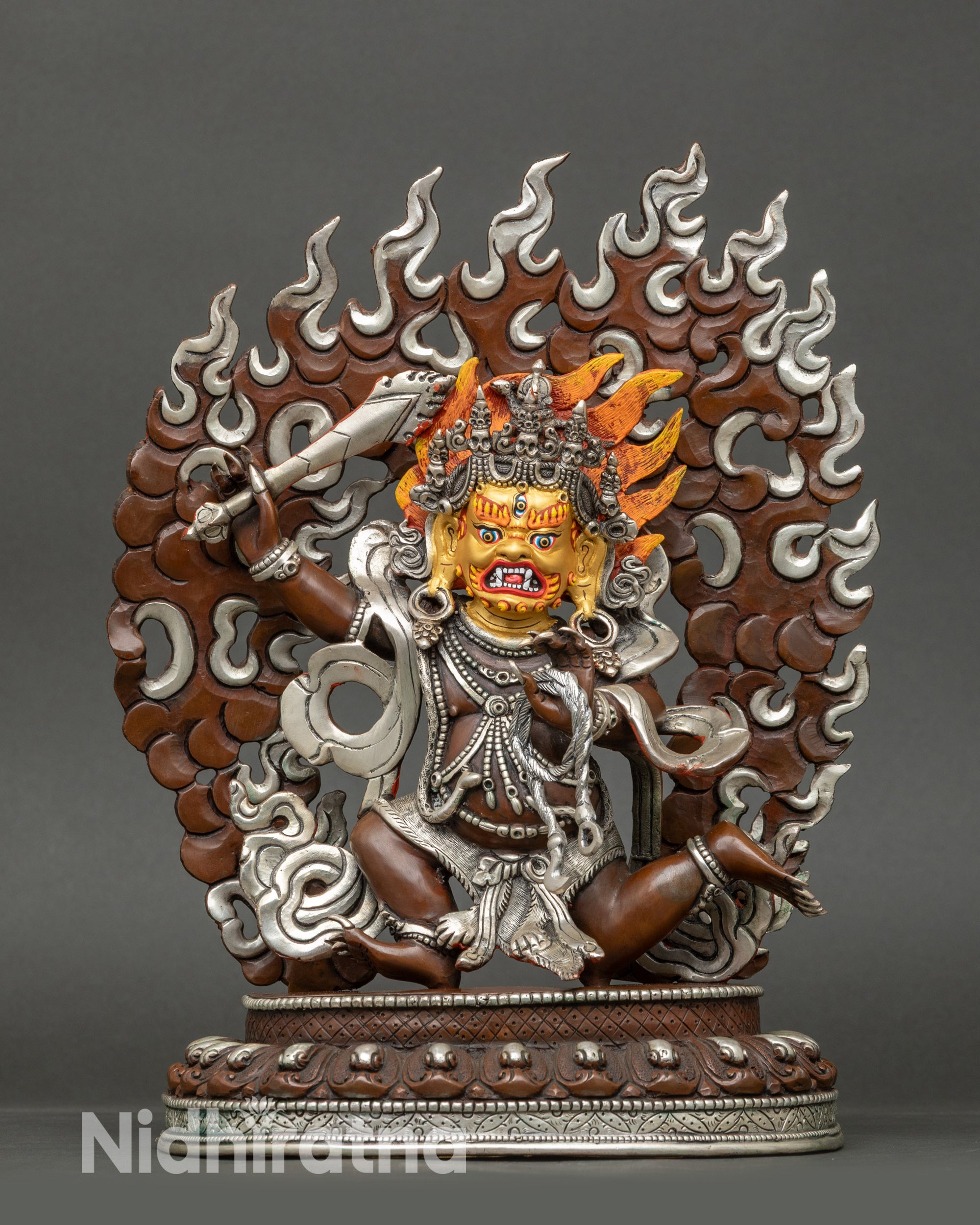 Full view of Achala Buddhist Protector Statue, handcrafted copper with 24K gold face, Nepalese art