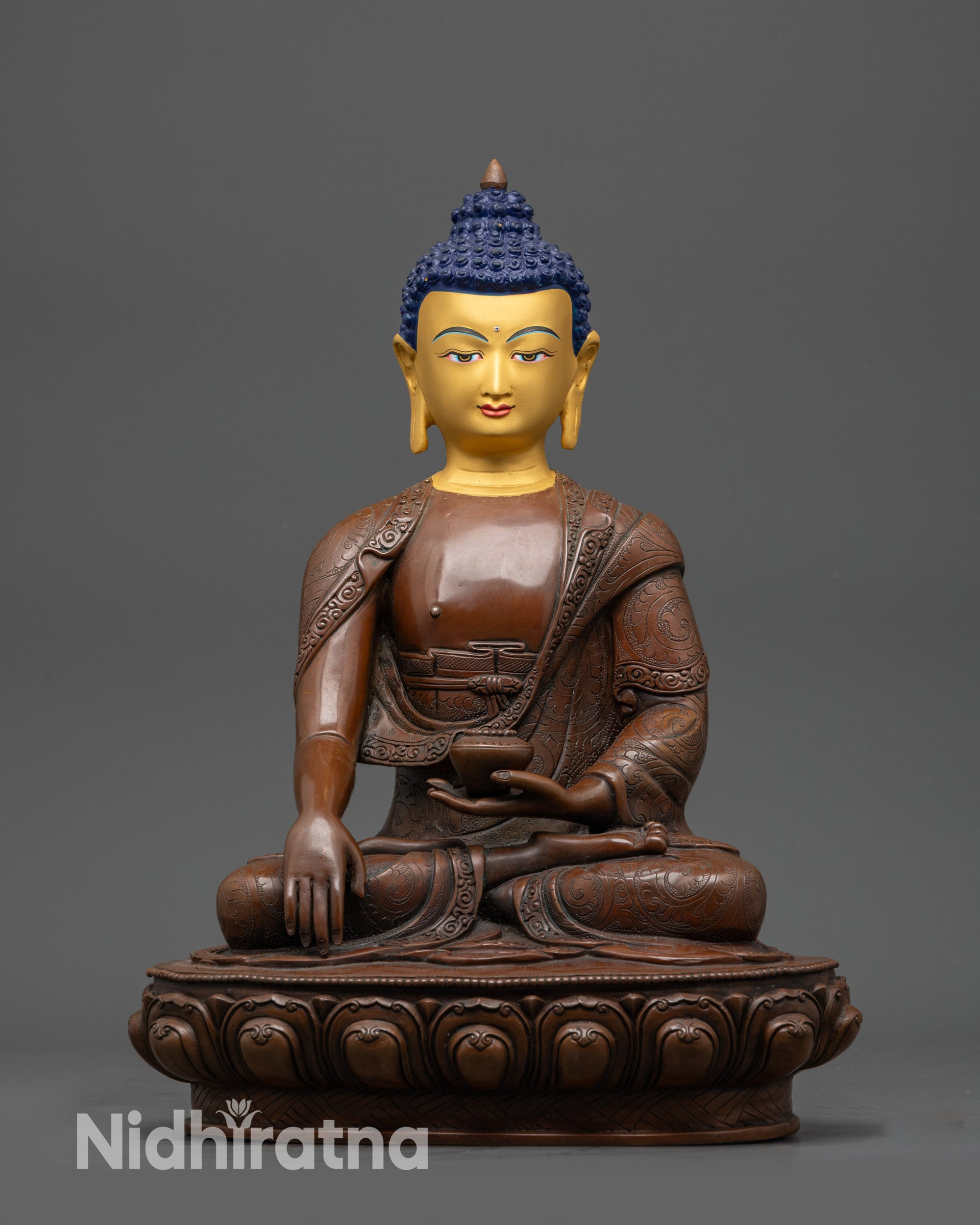 Tibetan Shakyamuni Buddha Statue – Oxidized Copper with Gold Face