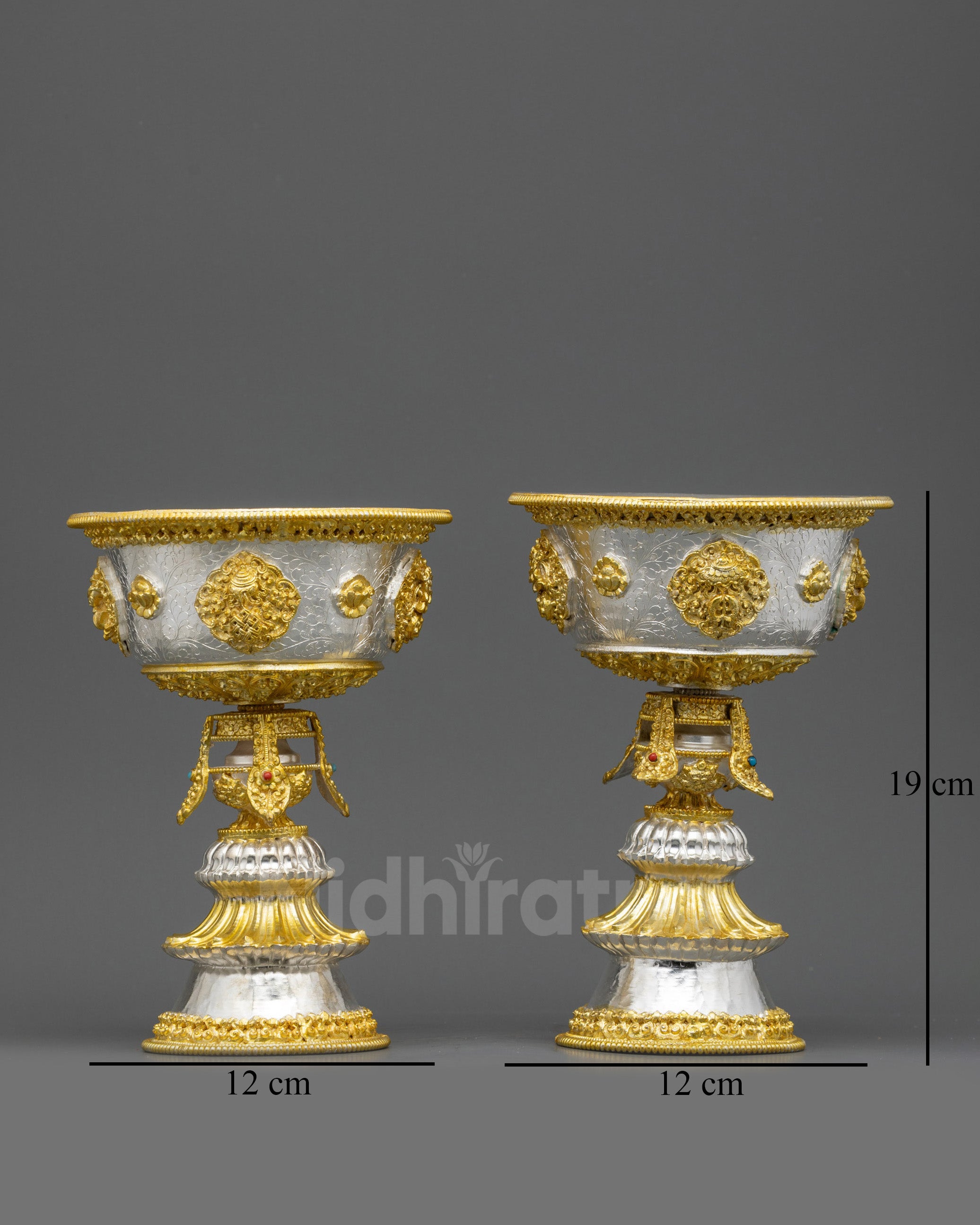 Front view Himalayan Butter Lamp Set with gold & silver plating for altar display
