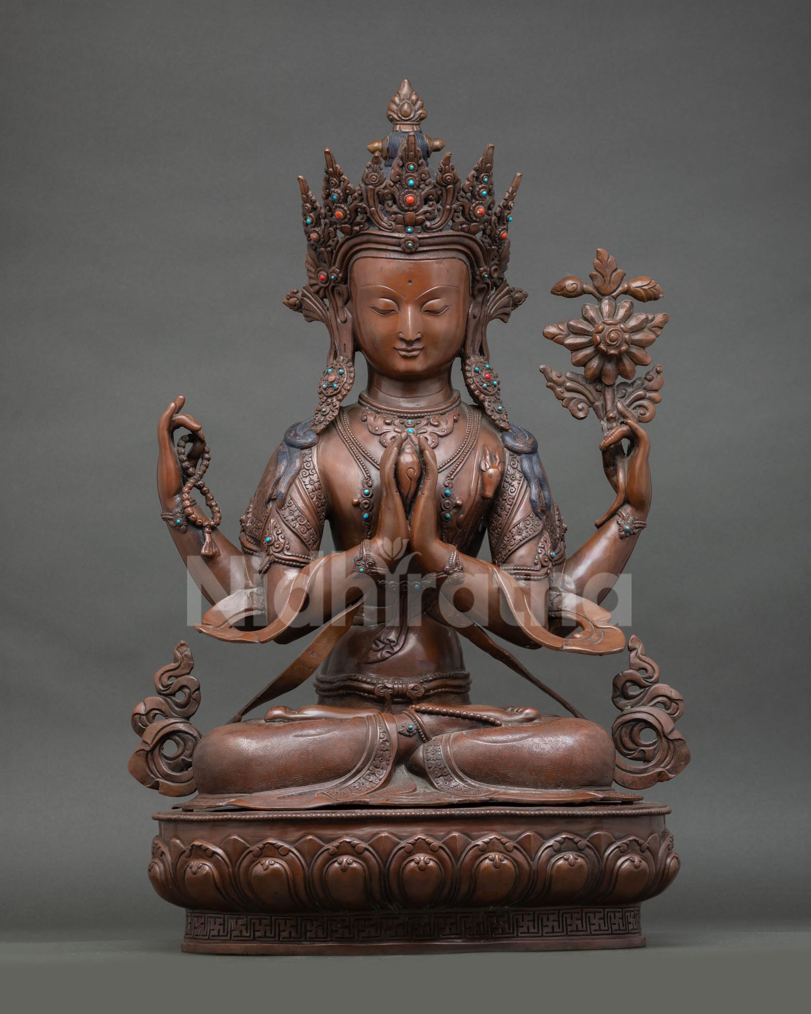 Four-Armed Chenrezig Statue | Oxidized Copper Sculpture