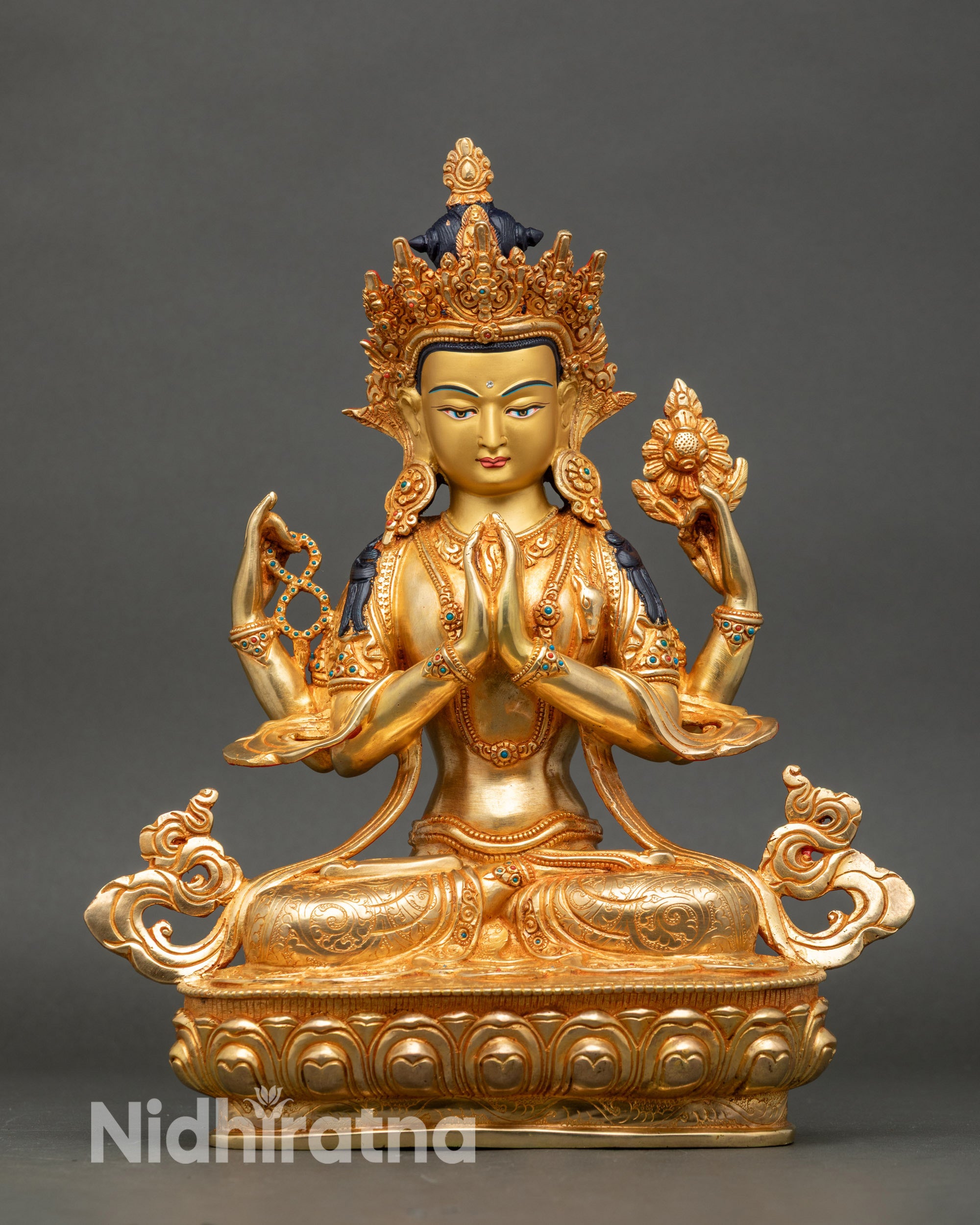 Front view Chenrezig Avalokiteshvara statue copper with 24K gold fire-gilding Nepal