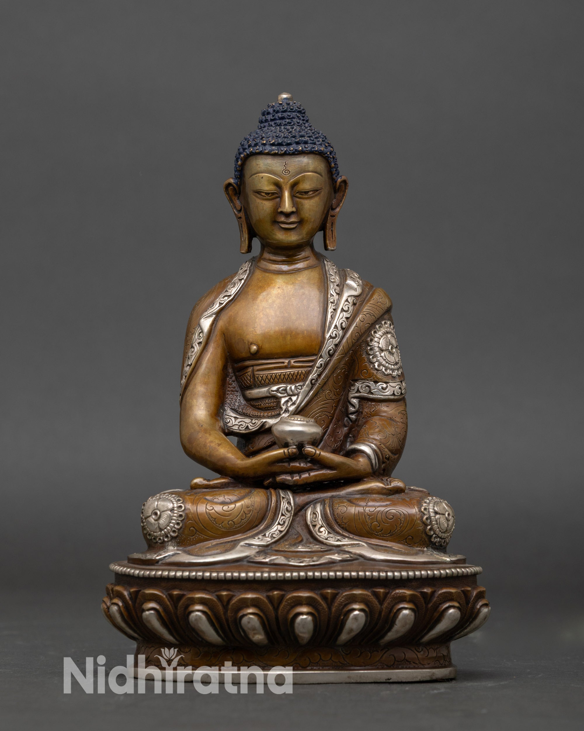 Handmade Amitabha Buddha statue from Nepal, silver-plated and lotus seated