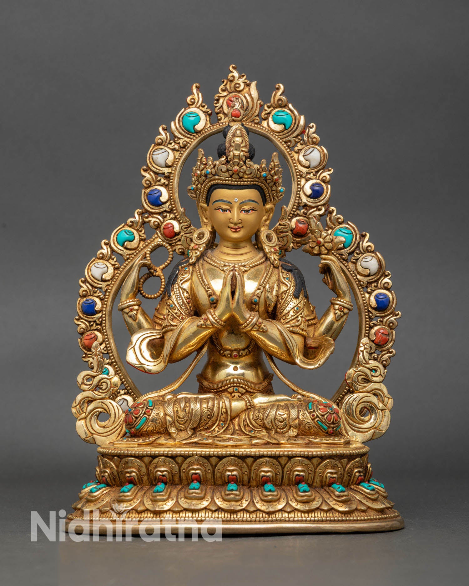 Front view 4-armed Chenrezig statue Nepalese copper gold turquoise coral lotus pedestal