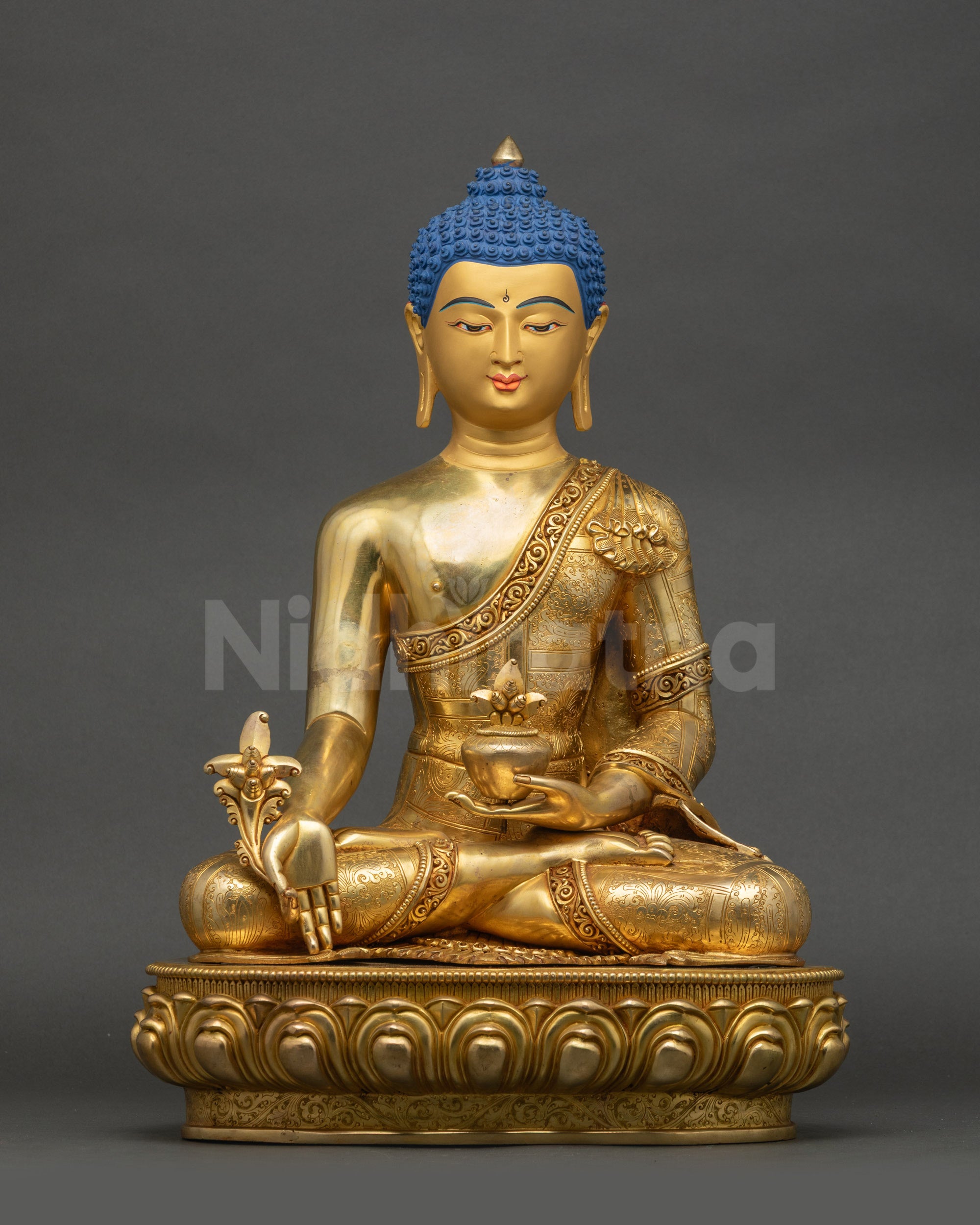 24K gold Medicine Buddha statue front view with lotus seat and myrobalan vase