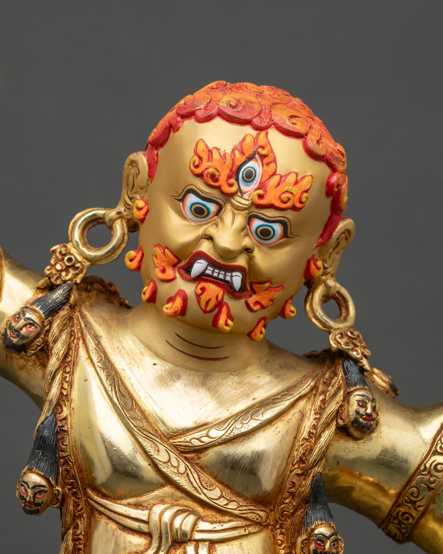 Fierce Dorje Drolo face, hand-painted halo, turquoise and coral inlay