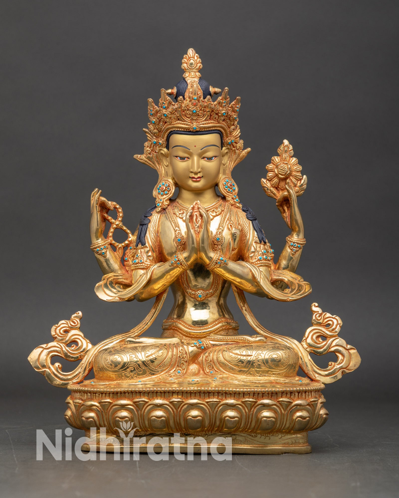Four Armed Chenrezig statue Avalokiteshvara Bodhisattva gold fire gilded copper Nepal front view