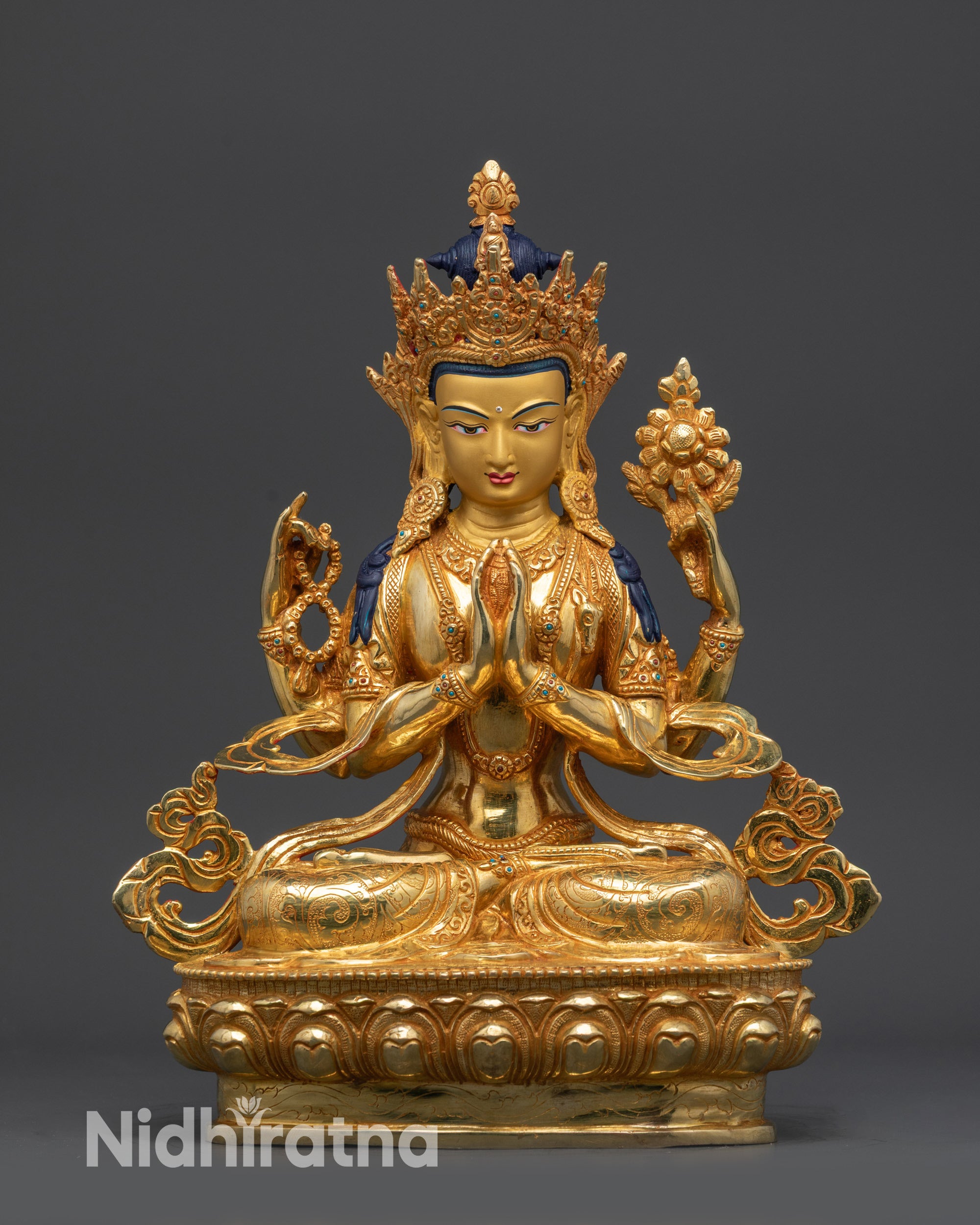 Four-Armed Chenrezig Statue 24K Gold-Gilded Copper Alloy Front View Nepal