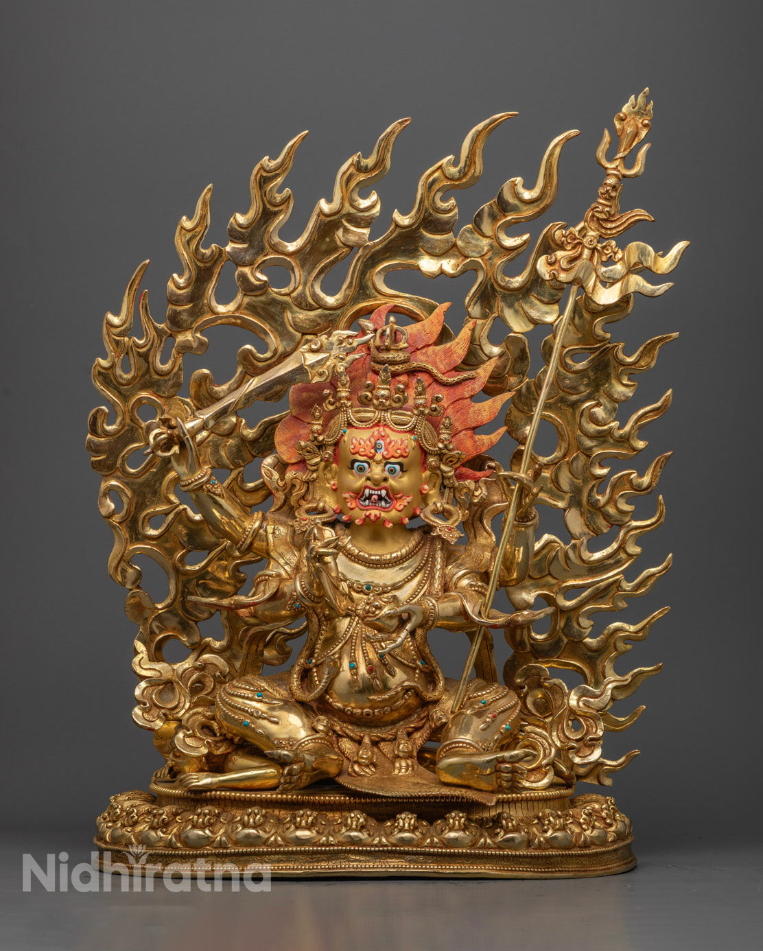 Four-Armed Mahakala Sculpture with 24k gold gilding and copper base handcrafted in Nepal