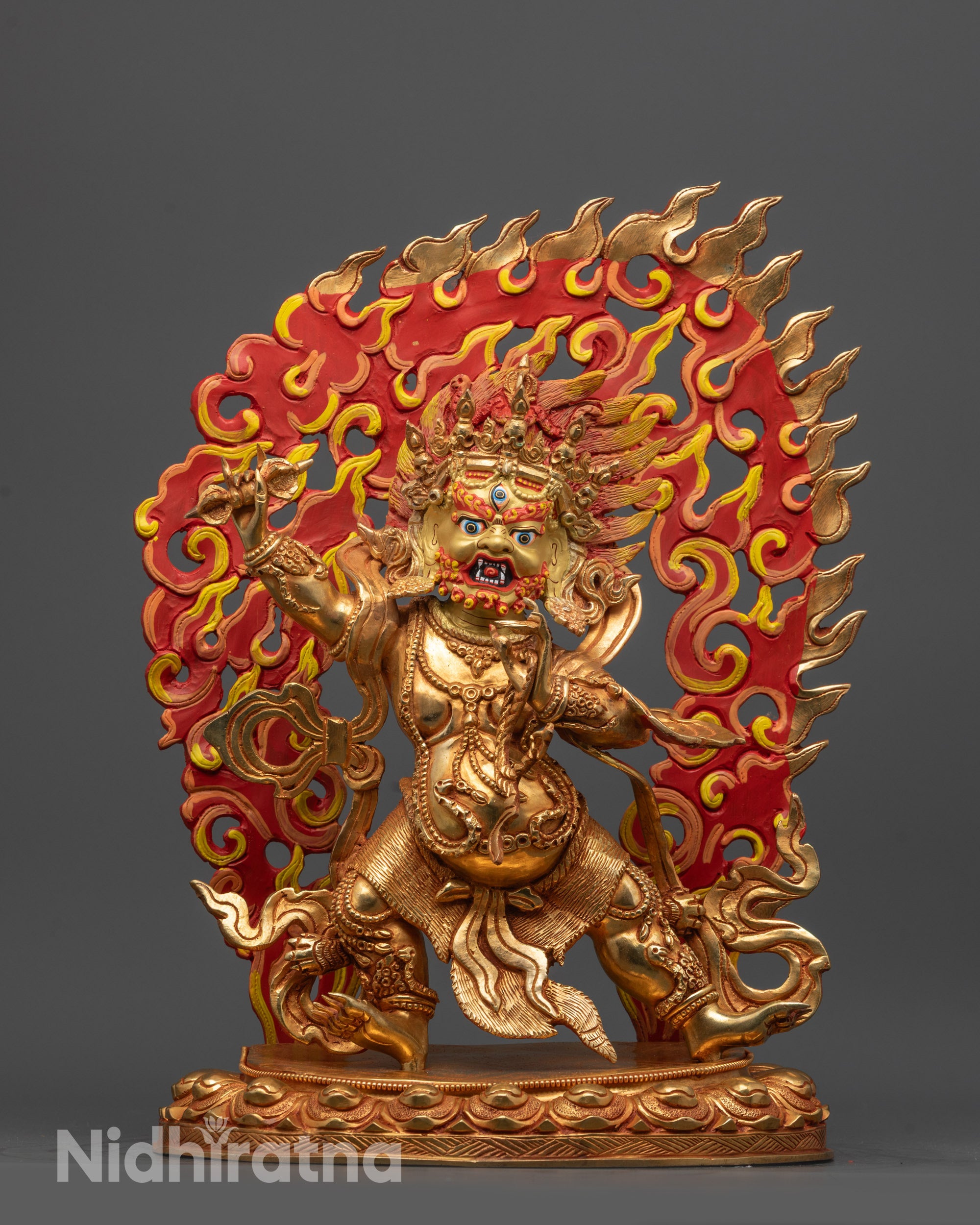 Four-Armed Vajrapani Statue handmade in Patan Nepal with gold gilded face and third eye