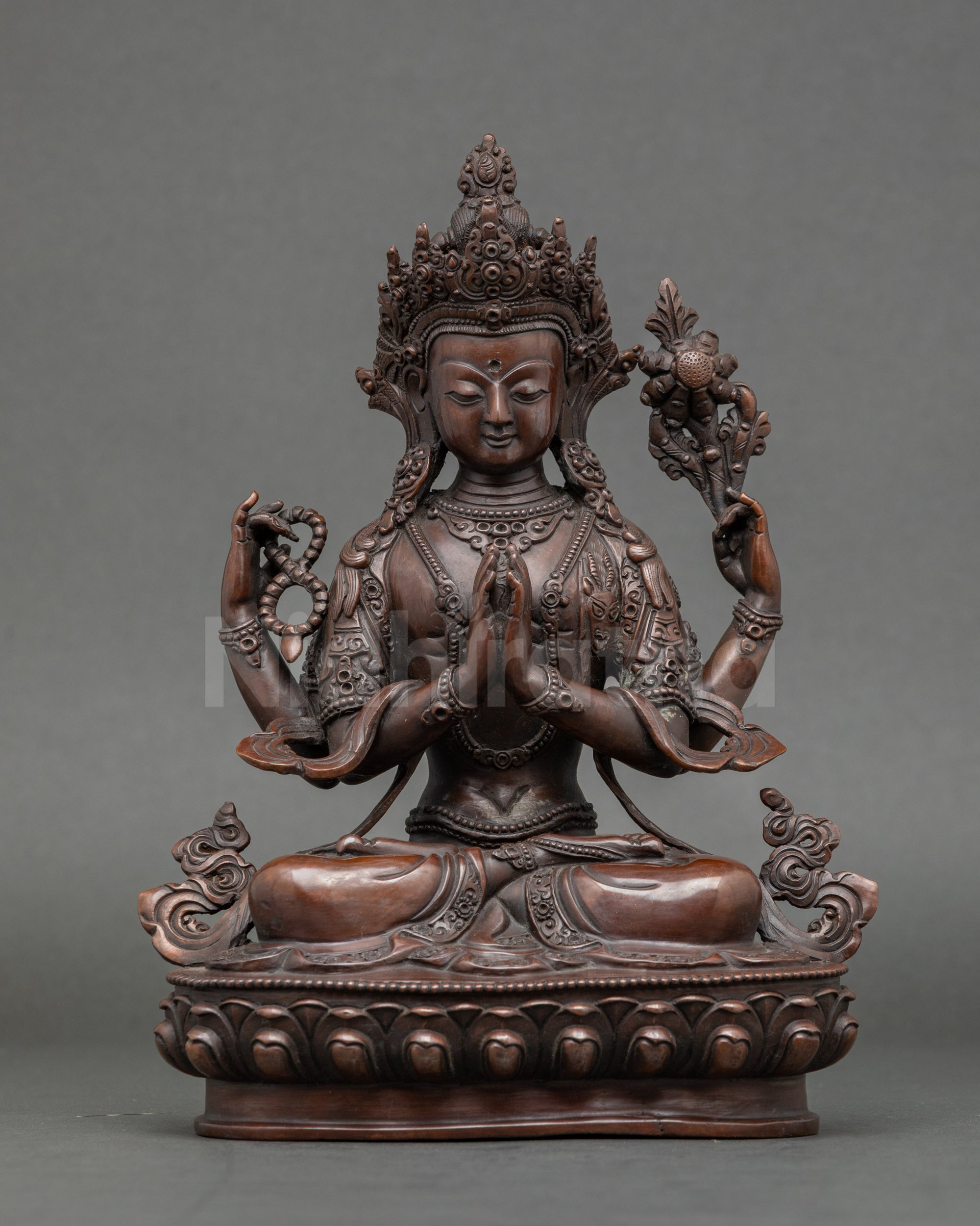 Four-armed Avalokiteshvara Chenrezig statue, oxidized copper Himalayan Buddhist art