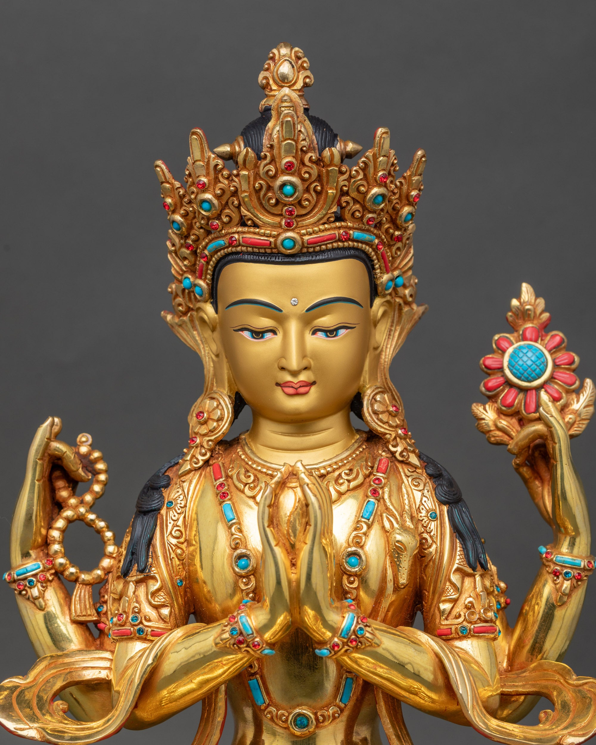 Four-armed Chenrezig Bodhisattva seated on lotus, Nepalese sculpture