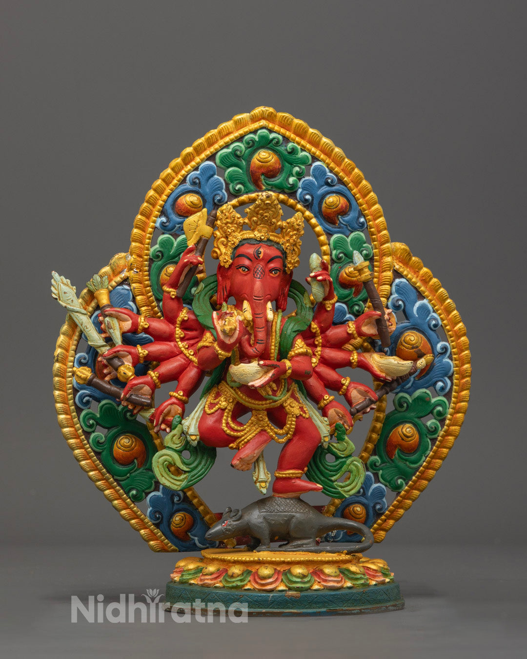 machine-made Ganesh statue in copper, adorned with vibrant multi-color acrylic paint, symbolizing wisdom and prosperity.