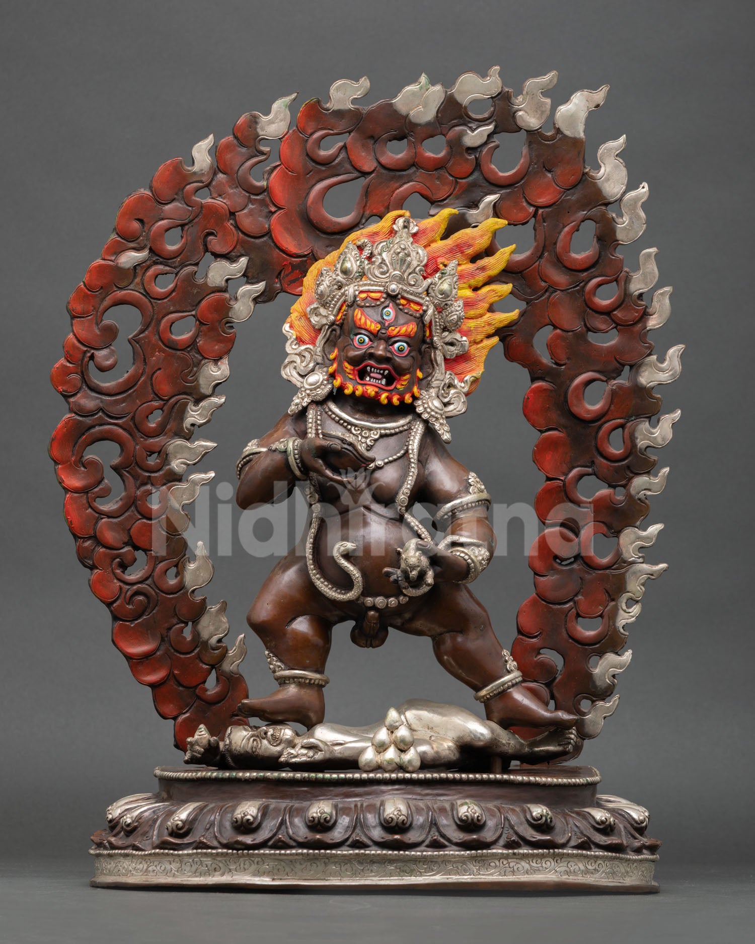 Front view Black Dzambhala statue copper wealth deity lotus base stamping figures Nepal Buddhist art