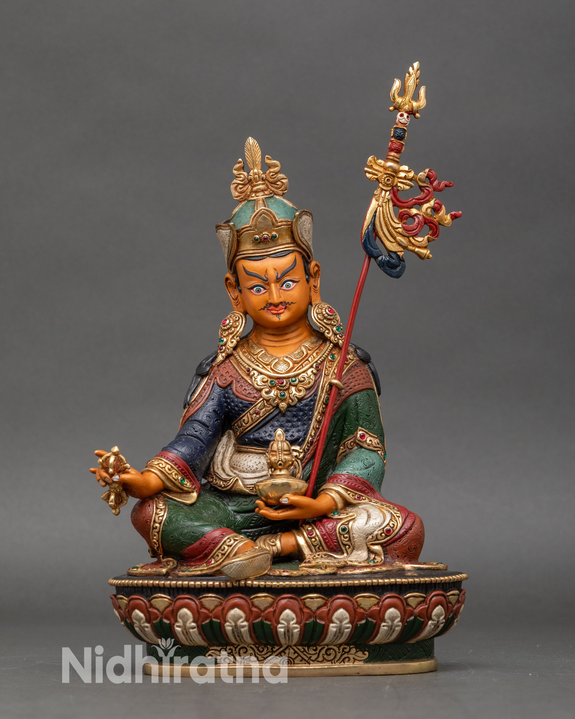 Front-view-Guru-Rinpoche-statue-copper-gold-hand-painted-acrylic-lotus-pedestal-Newari-artisan-Nepal