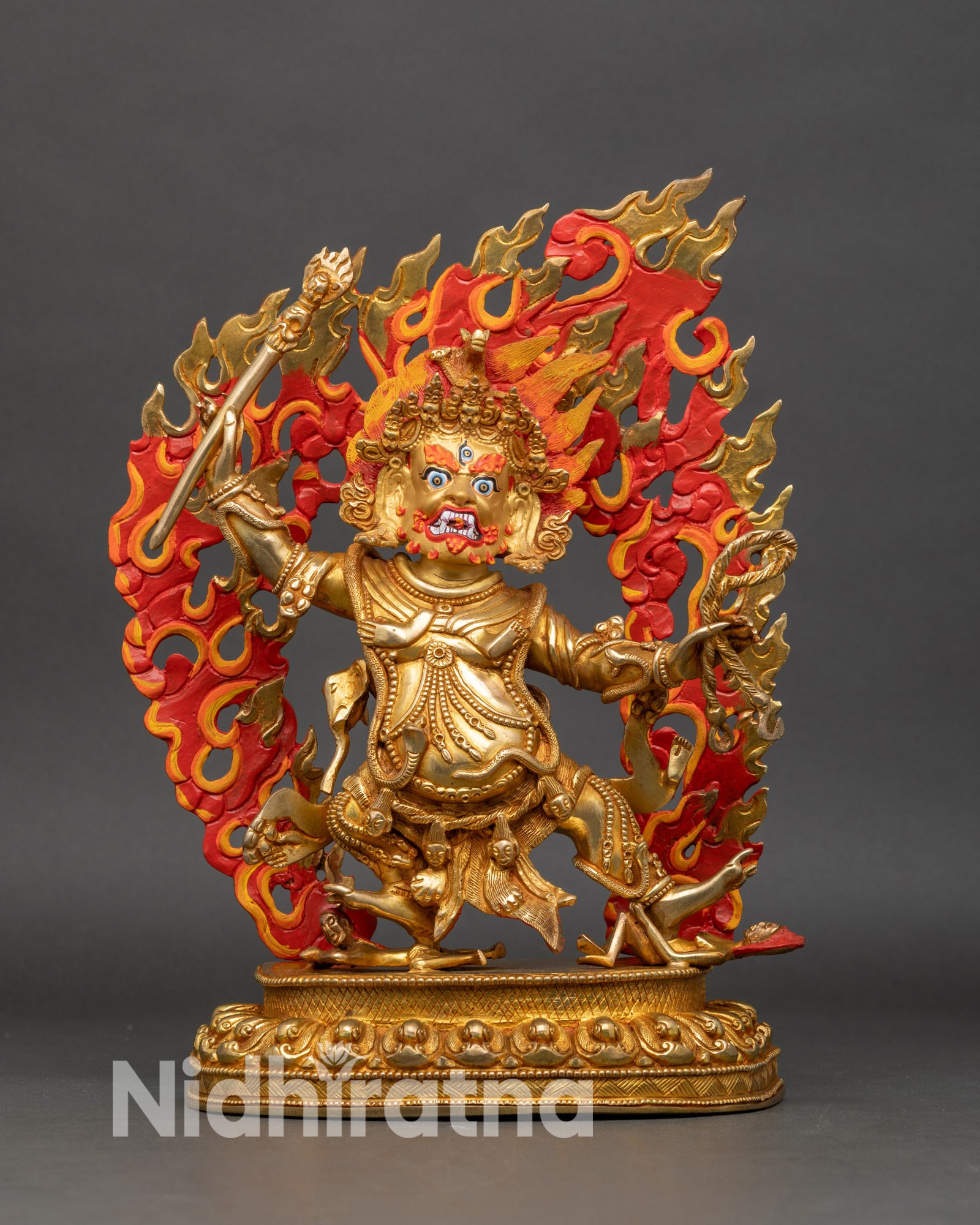 Front view of Hayagriva Statue handcrafted copper 24K gold gilded fierce protector meditation décor