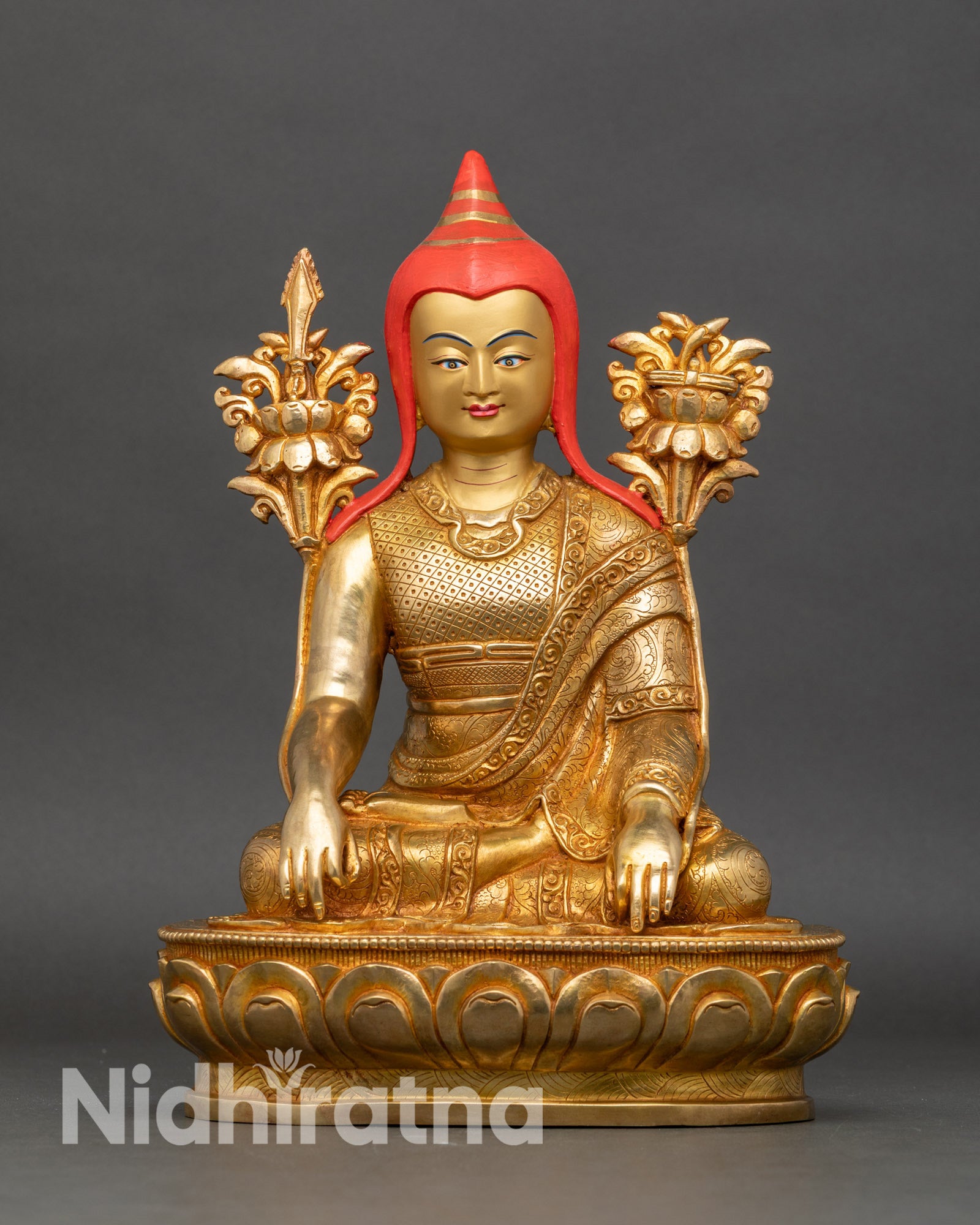 Front view of Longchenpa statue, handcrafted copper and gold-fire gilded Nepal artwork