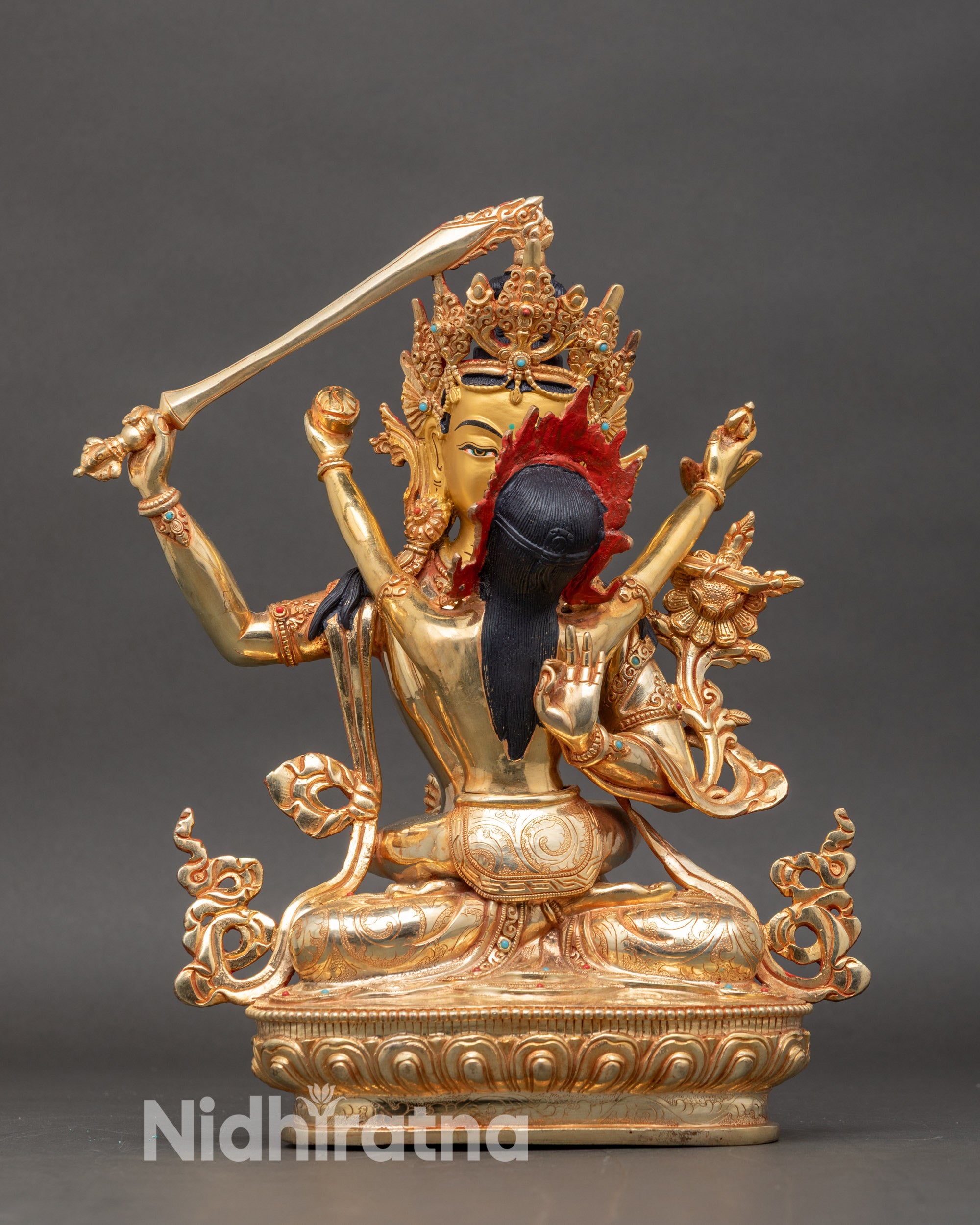 Front-view-Manjushri-with-Consort-Yab-Yum-statue-copper-gold-wisdom-sword-lotus-Prajnaparamita-Sutra