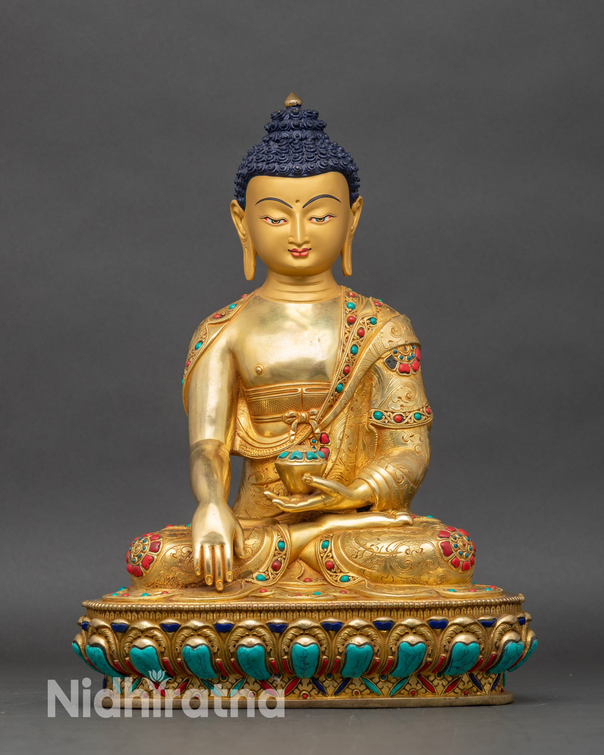 Front view Shakyamuni Buddha statue copper gold gilded lotus pedestal Nepal