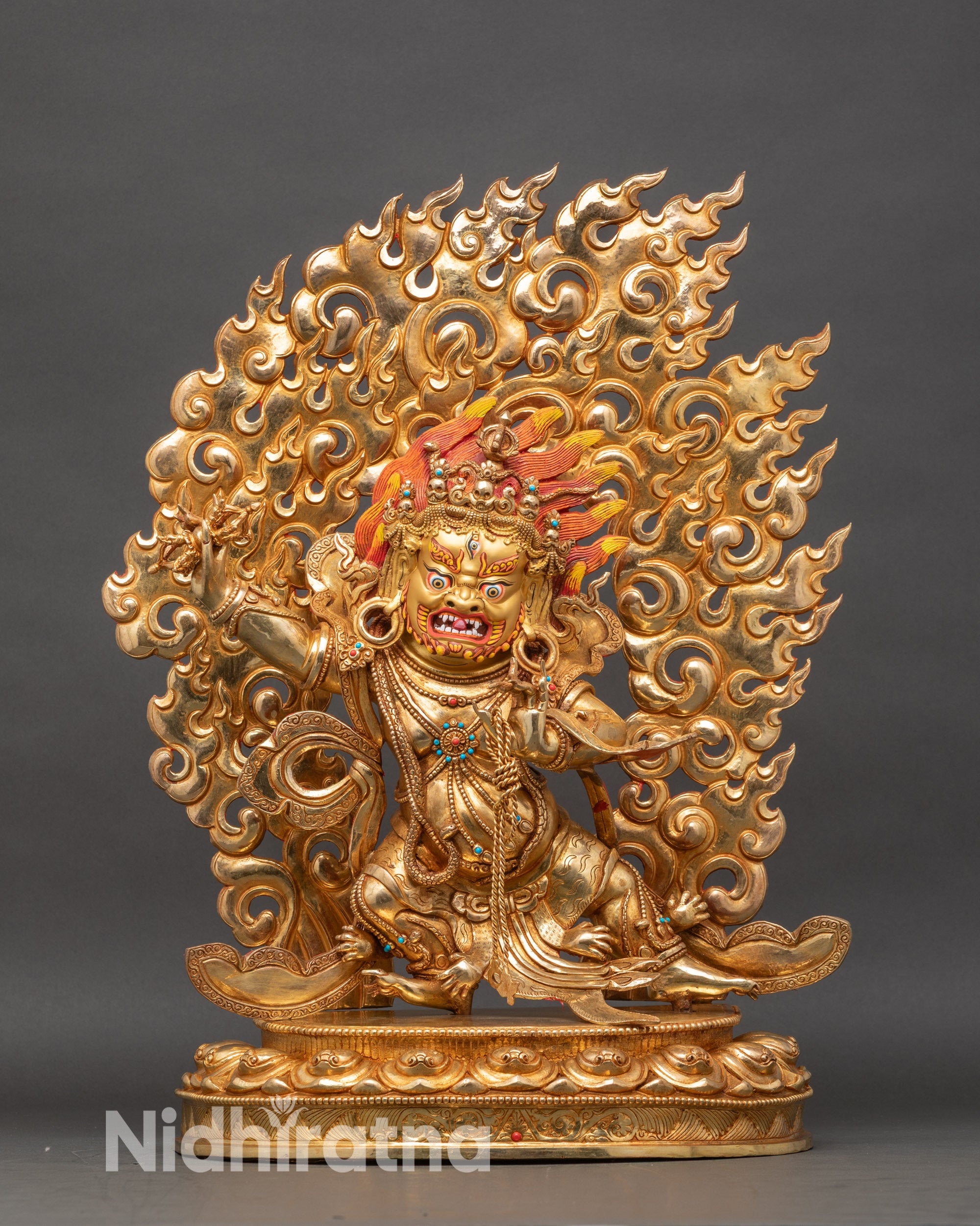 Front-view-Vajrapani-statue-copper-24K-gold-flaming-halo-handcrafted-Newari-Nepal
