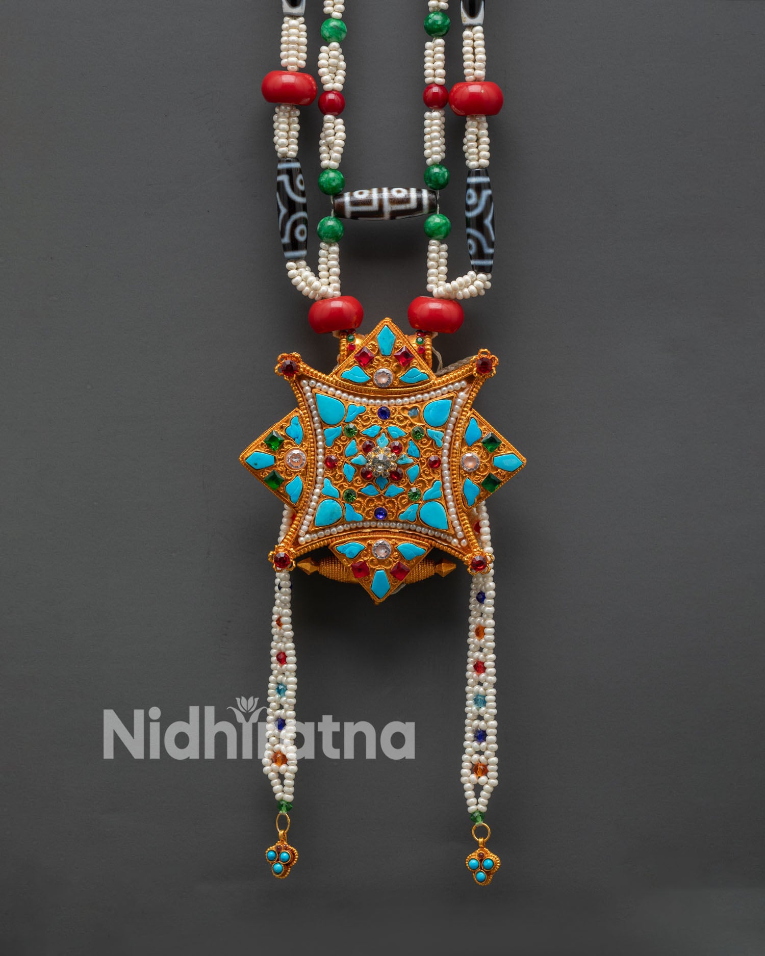 Front view of hand carved Ghau Mala Tibetan prayer necklace 24k gold plated emerald ruby coral turquoise
