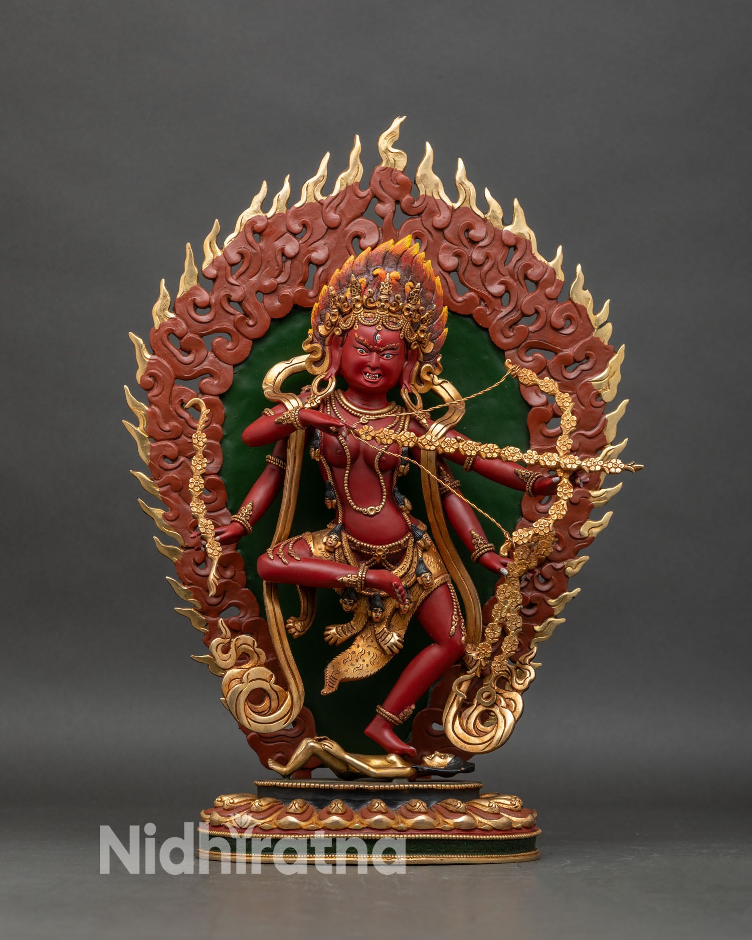 Front view of Kurukulla statue, handcrafted copper with gold-gilded detailing