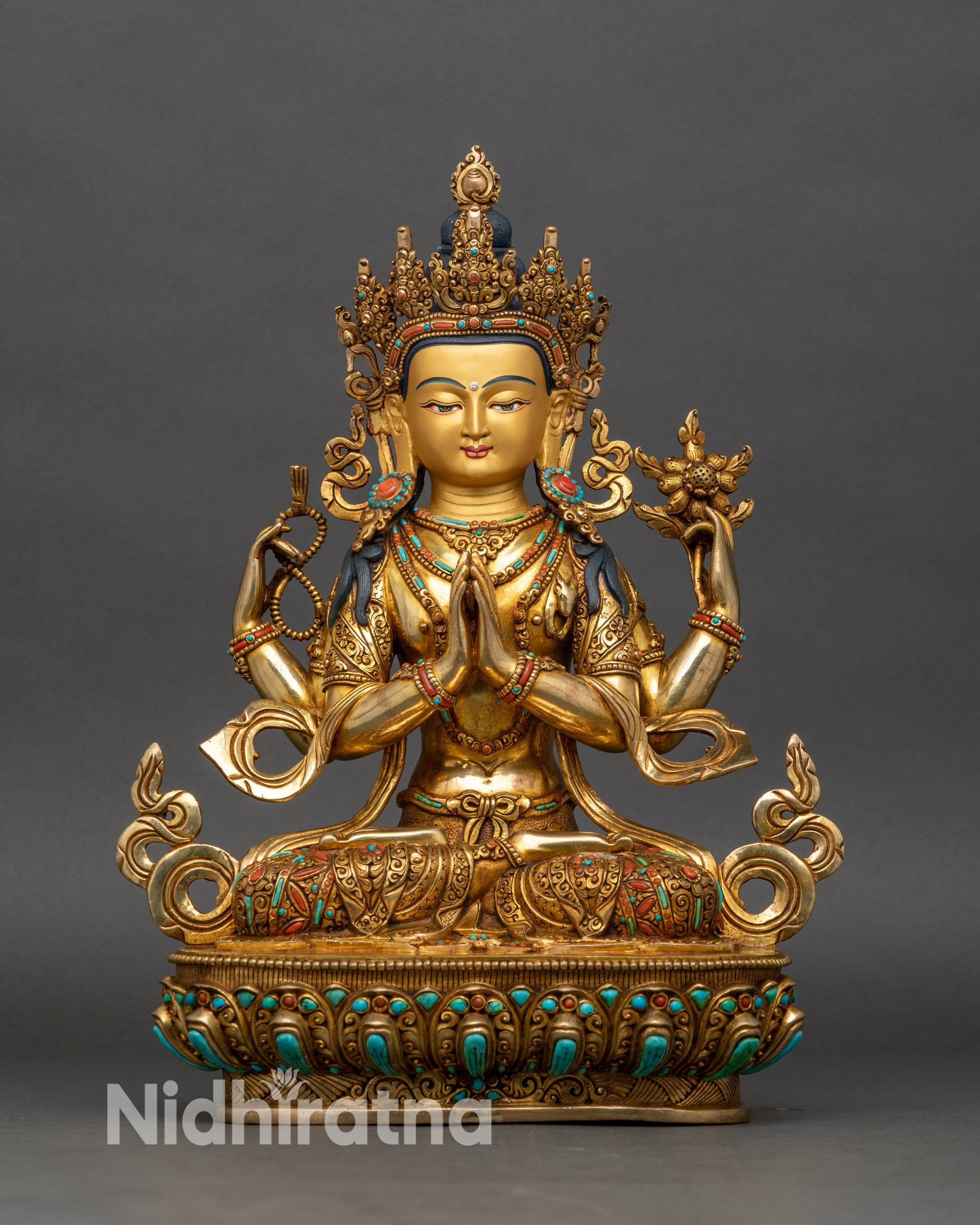 Front view of 4-Armed Chenrezig statue, fire-gilded copper with turquoise and coral