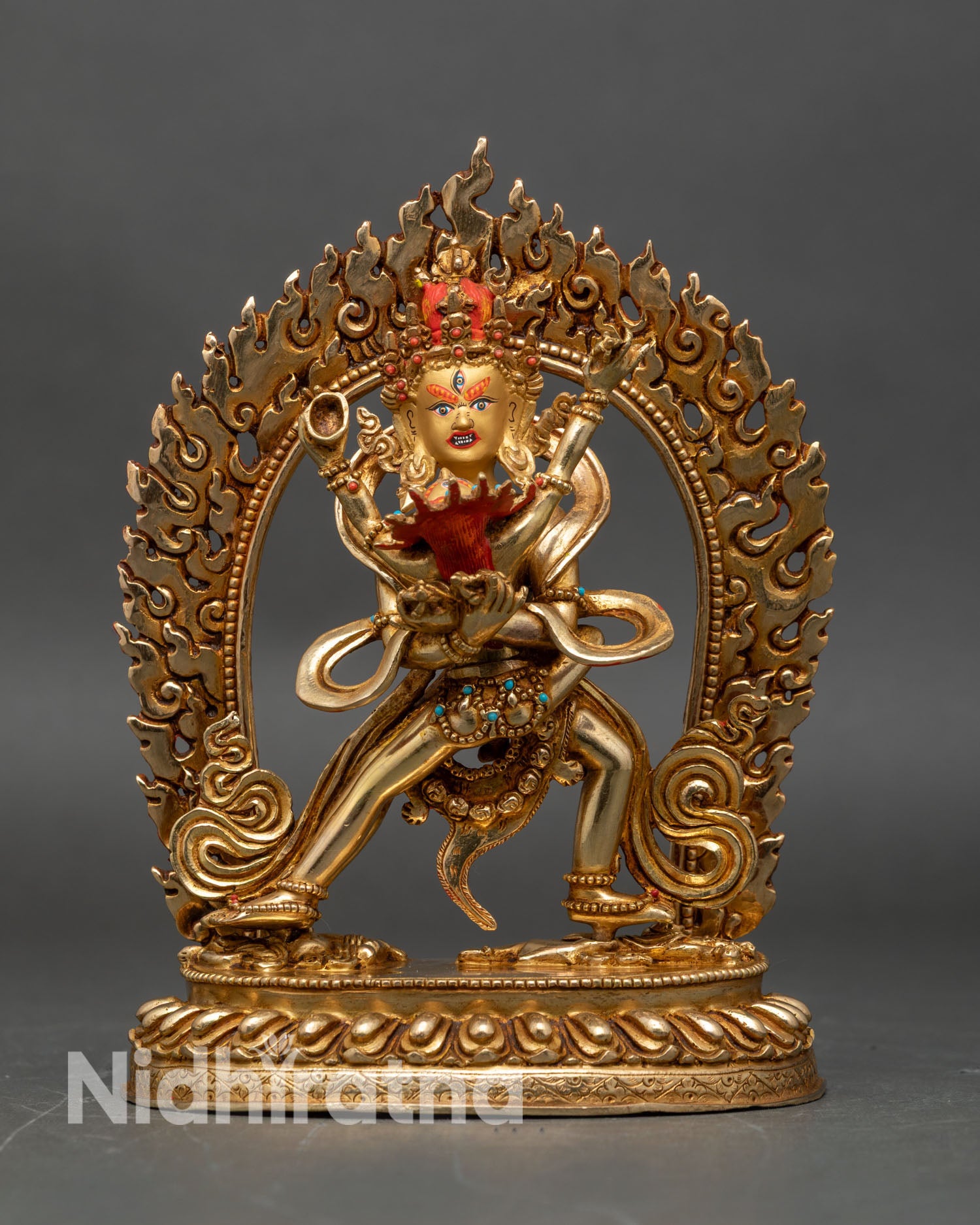 Front view of Chakrasamvara Yab-Yum Statue handcrafted copper gold gilded gold-painted face Nepal