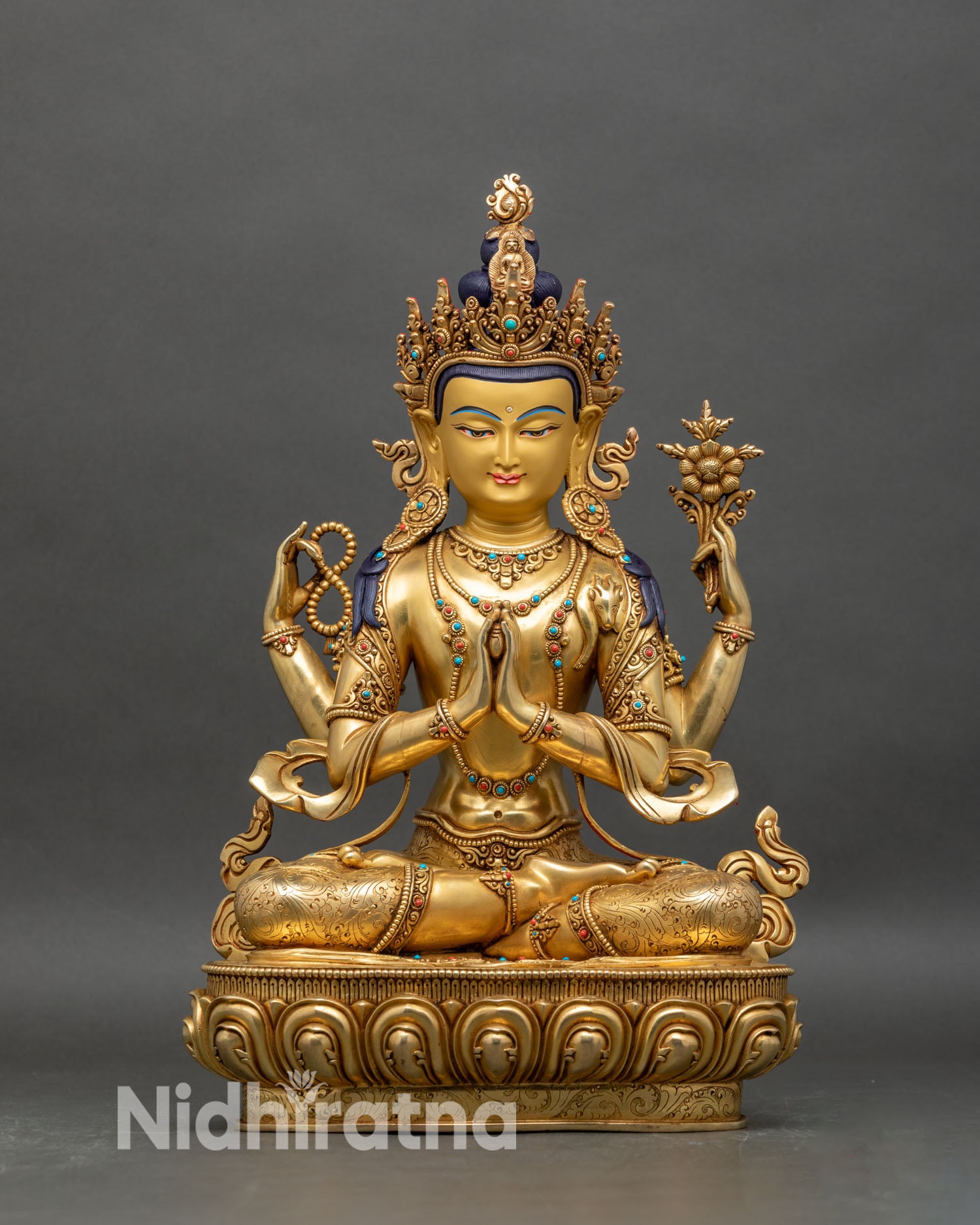 Front view of Chenrezig statue, 24K gold fire-gilded copper Bodhisattva from Nepal