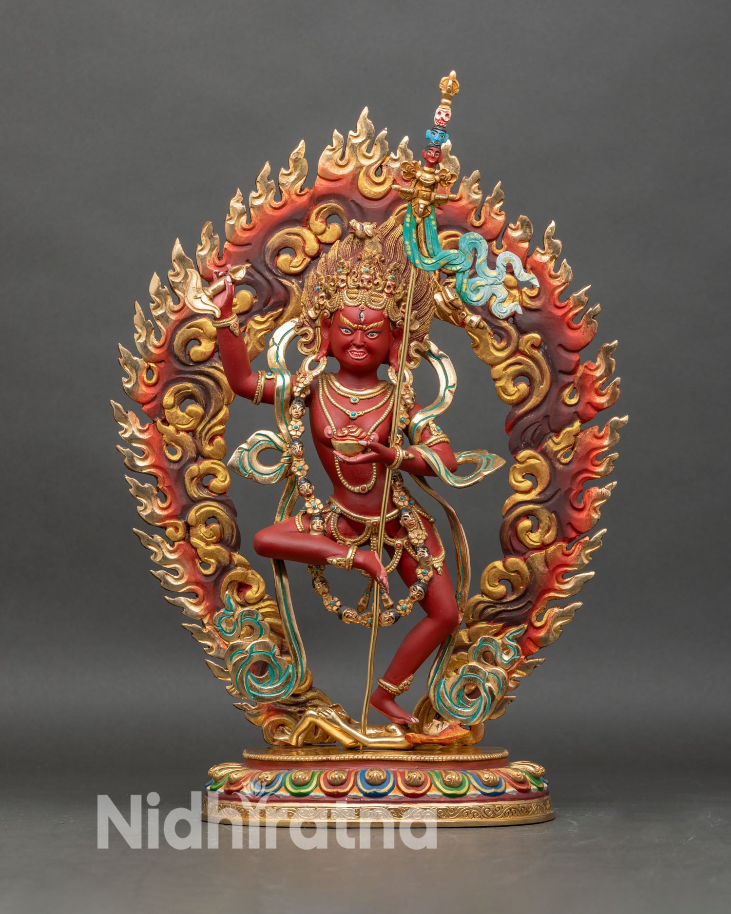 Front view of Dorje Phagmo Statue handcrafted copper red acrylic gold gilding Vajravarahi Nepal