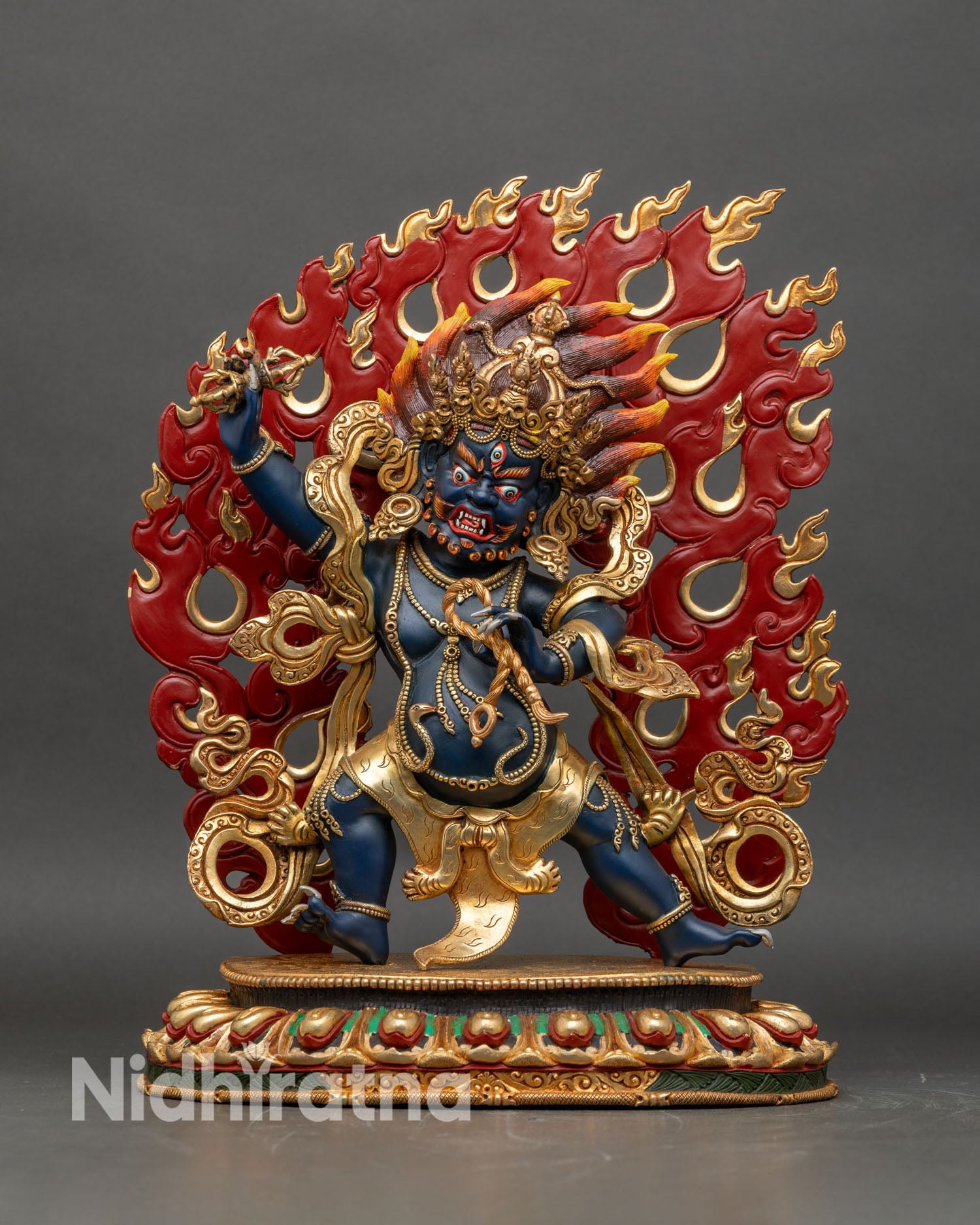 Front view of Vajrapani statue, handcrafted copper and gold-gilded Himalayan deity