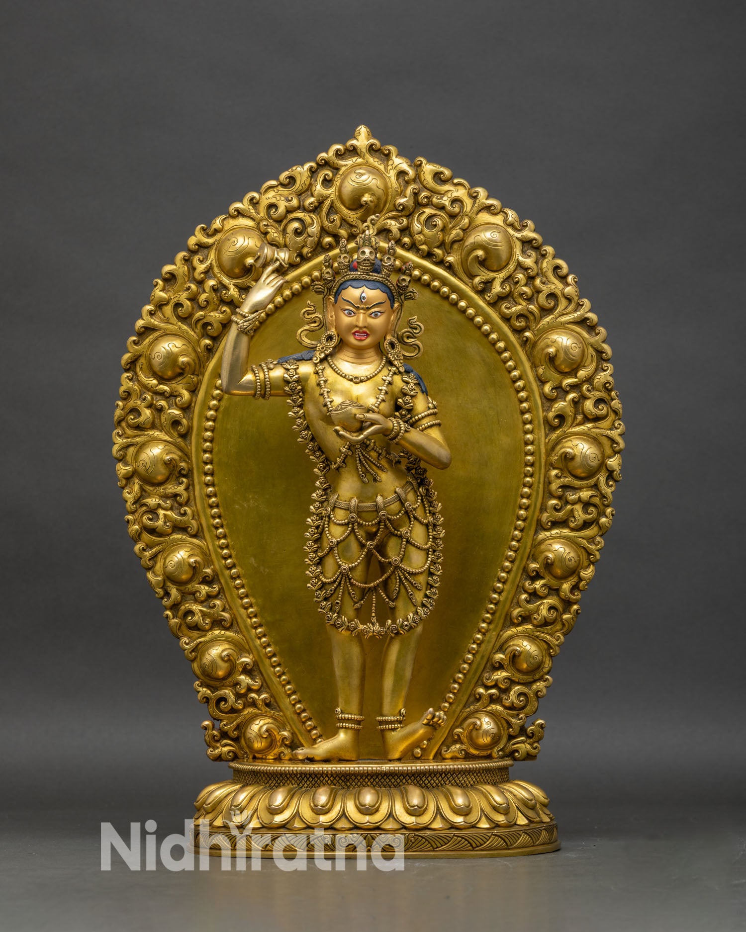 Front view of Standing Achi Chokyi Drolma Statue, copper with 24K gold finish
