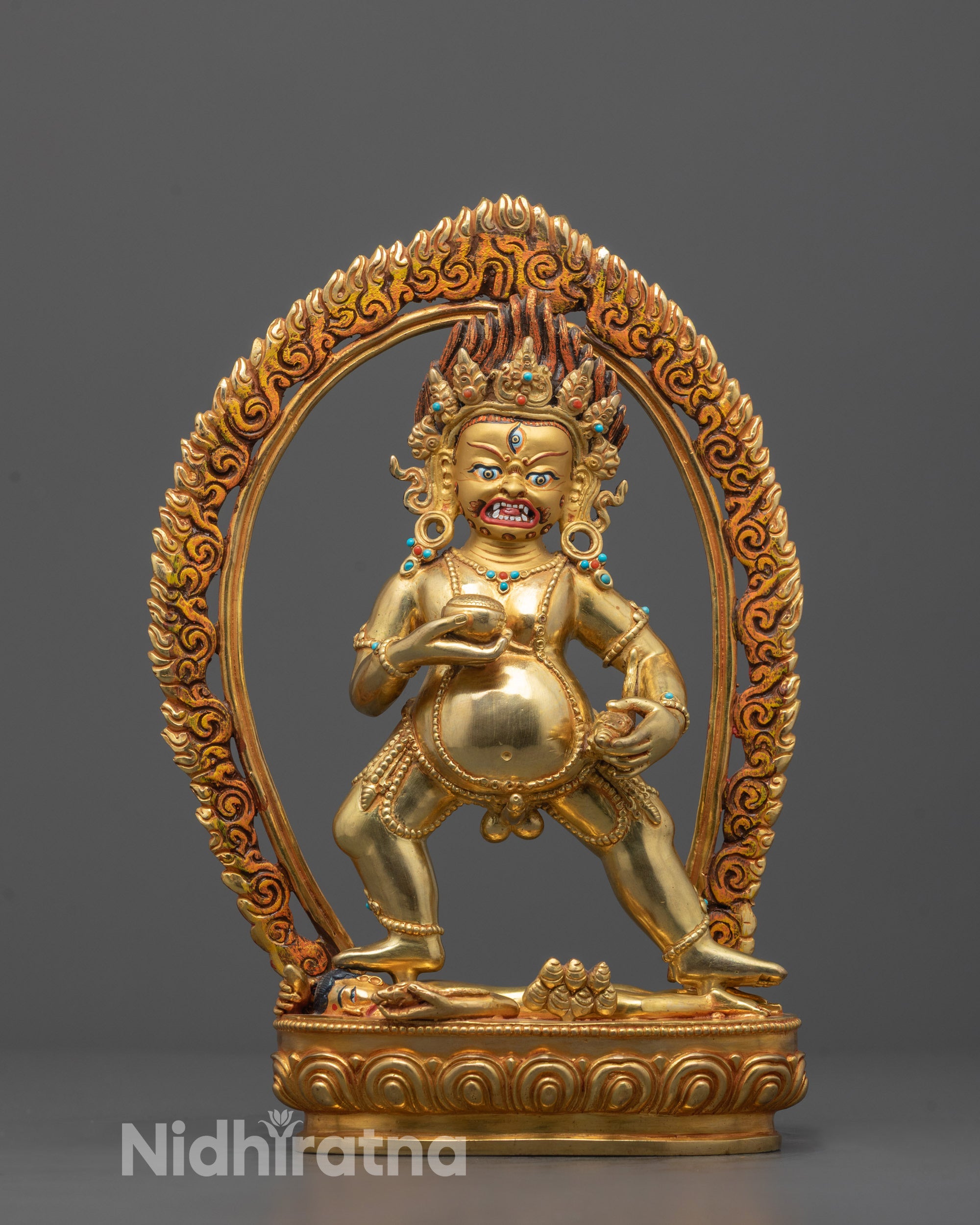 Front-view of Hand-Carved Black Dzambhala Statue Standing on Lotus Base