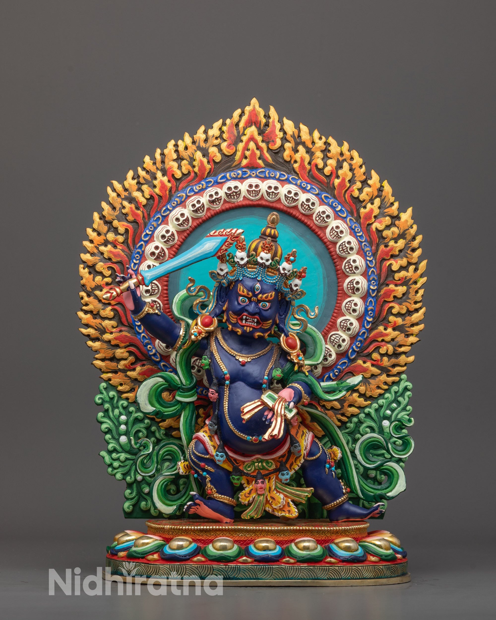 Front-view of Hand-Carved Manjushri Statue Seated on Lotus with Flaming Sword