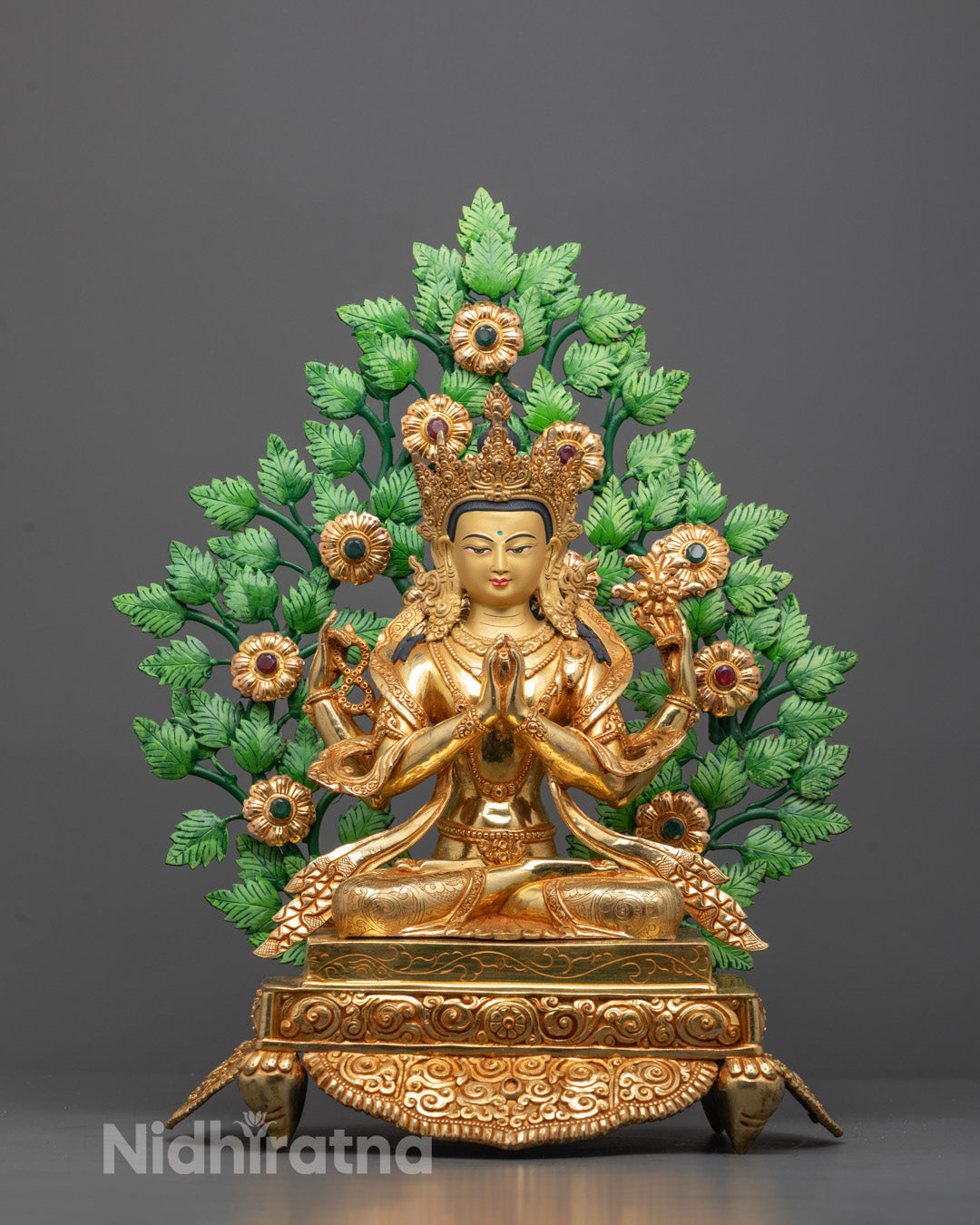 Front-view of Hand-carved Chenrezig statue with 24k gold fire-gilding on copper base seated