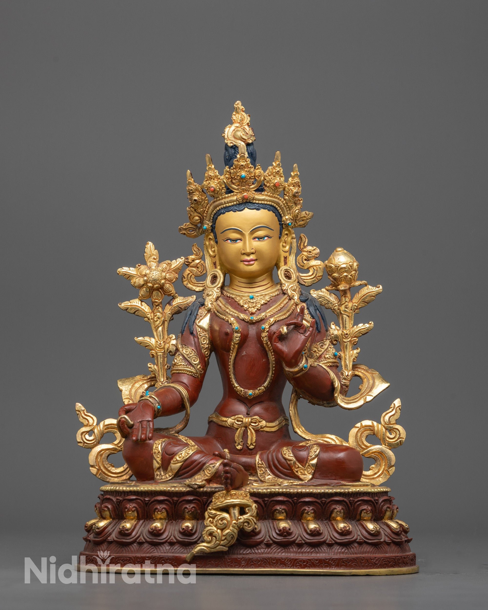 Front-view of Hand-carved Green Tara Sculpture from Nepal with partial 24k gold fire gilding