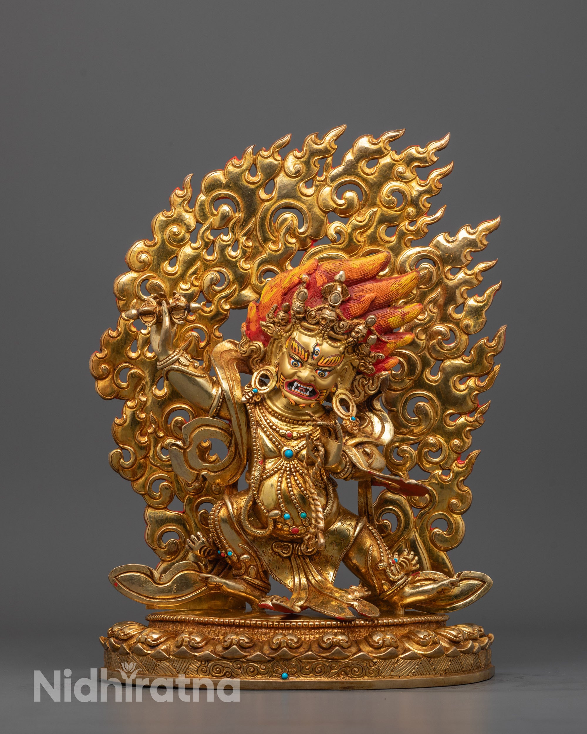 Front-view of Hand-carved Vajrapani Statue with 24k gold plating standing on lotus base
